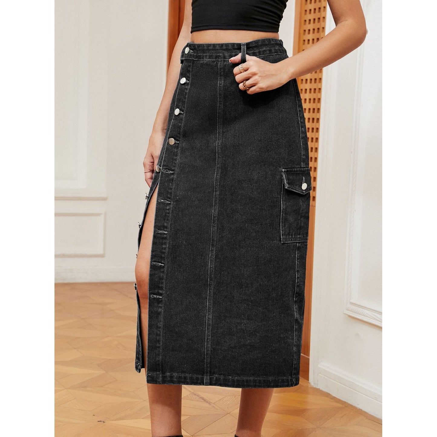 Button Down Midi Denim Skirt