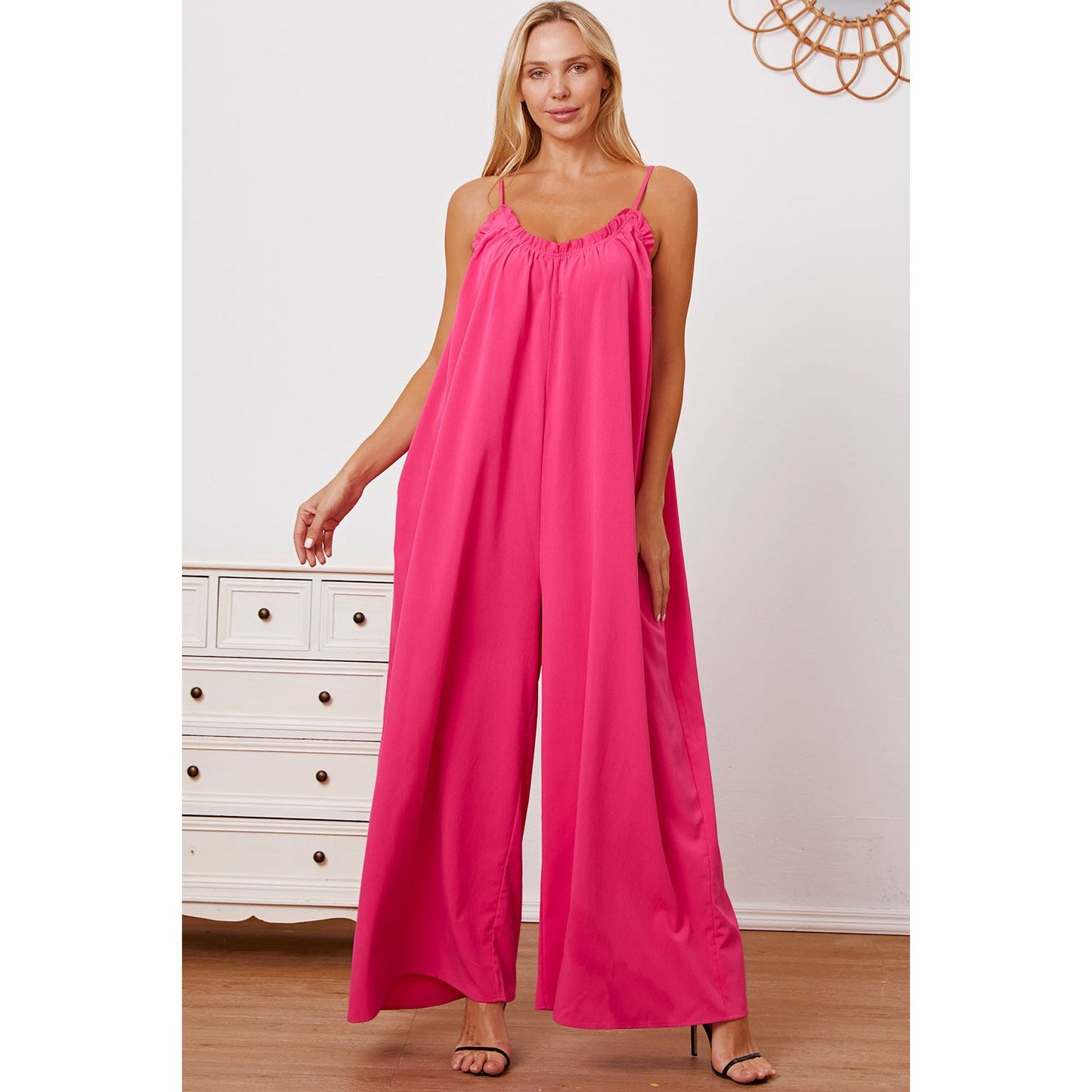 Double Take Full Size Ruffle Trim Tie Back Cami Jumpsuit with Pockets