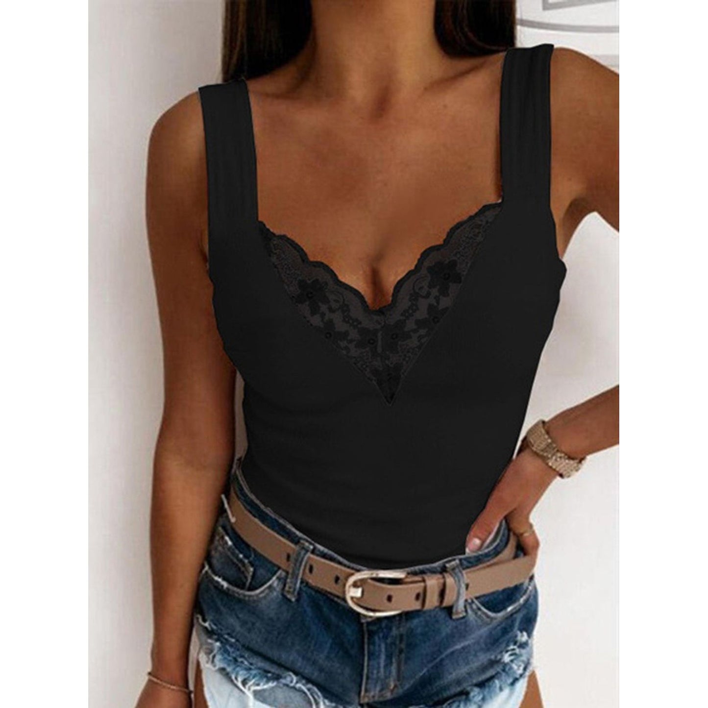 Full Size Lace Detail Sweetheart Neck Tank