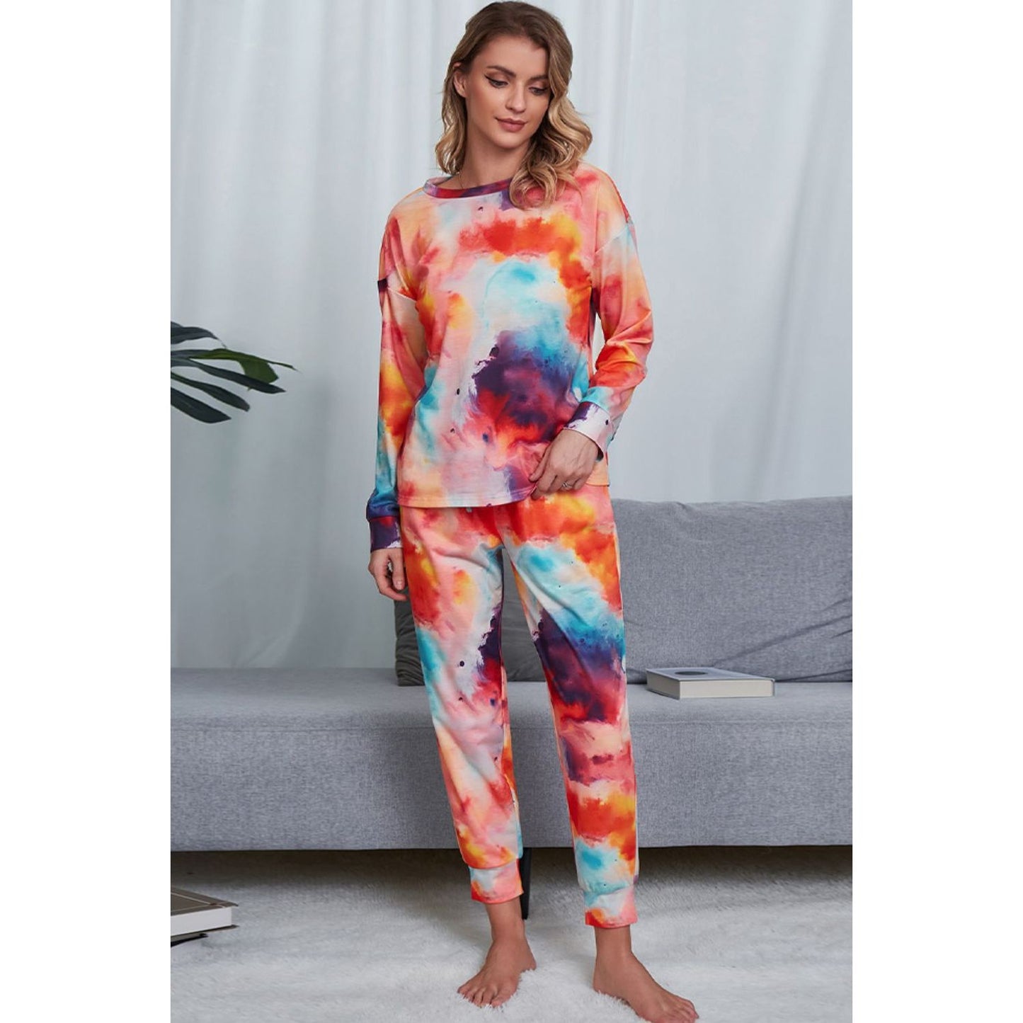 Shiny Tie-Dye Crewneck Top and Drawstring Waist Joggers Lounge Set