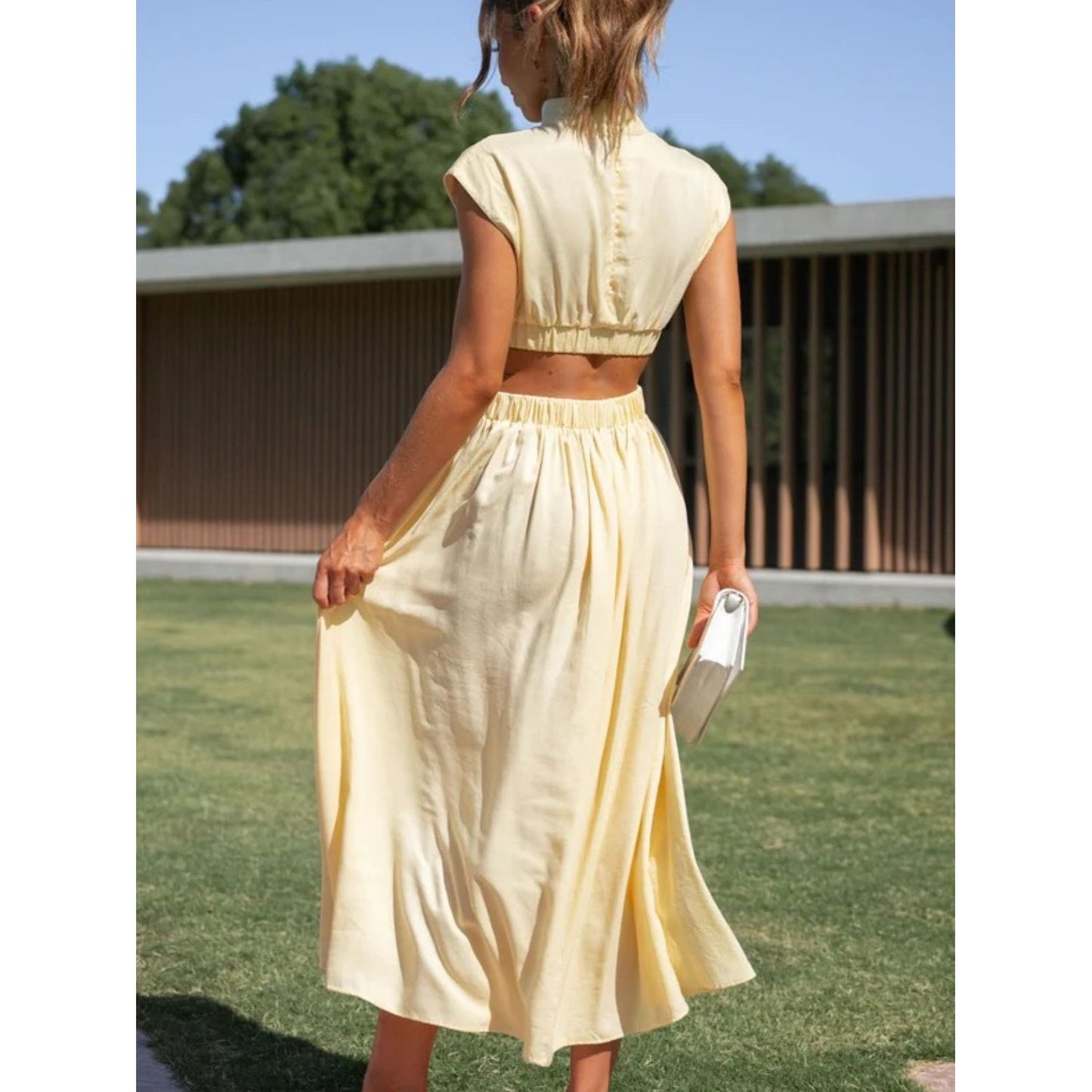 Cutout Mock Neck Sleeveless Ruched Dress