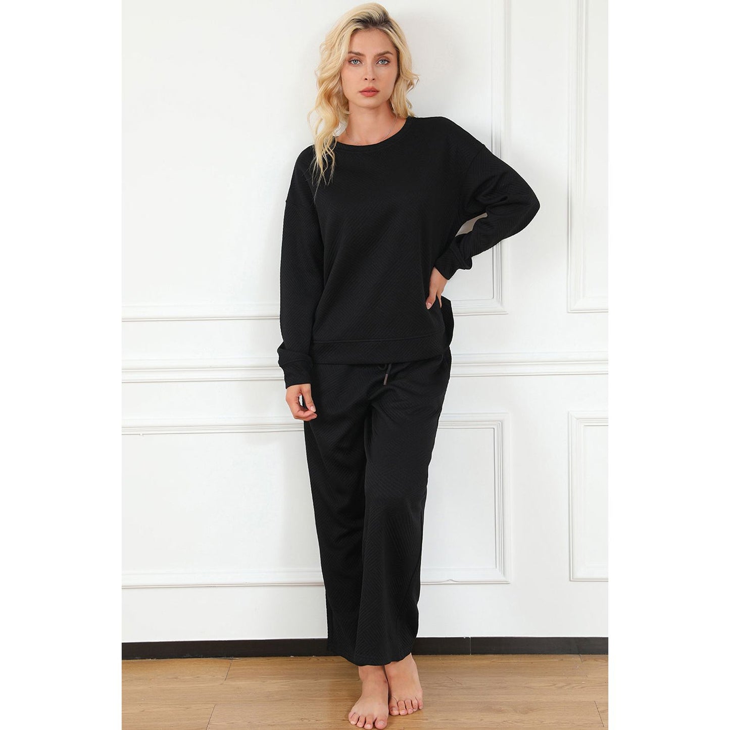 Double Take Full Size Textured Long Sleeve Top and Drawstring Pants Set