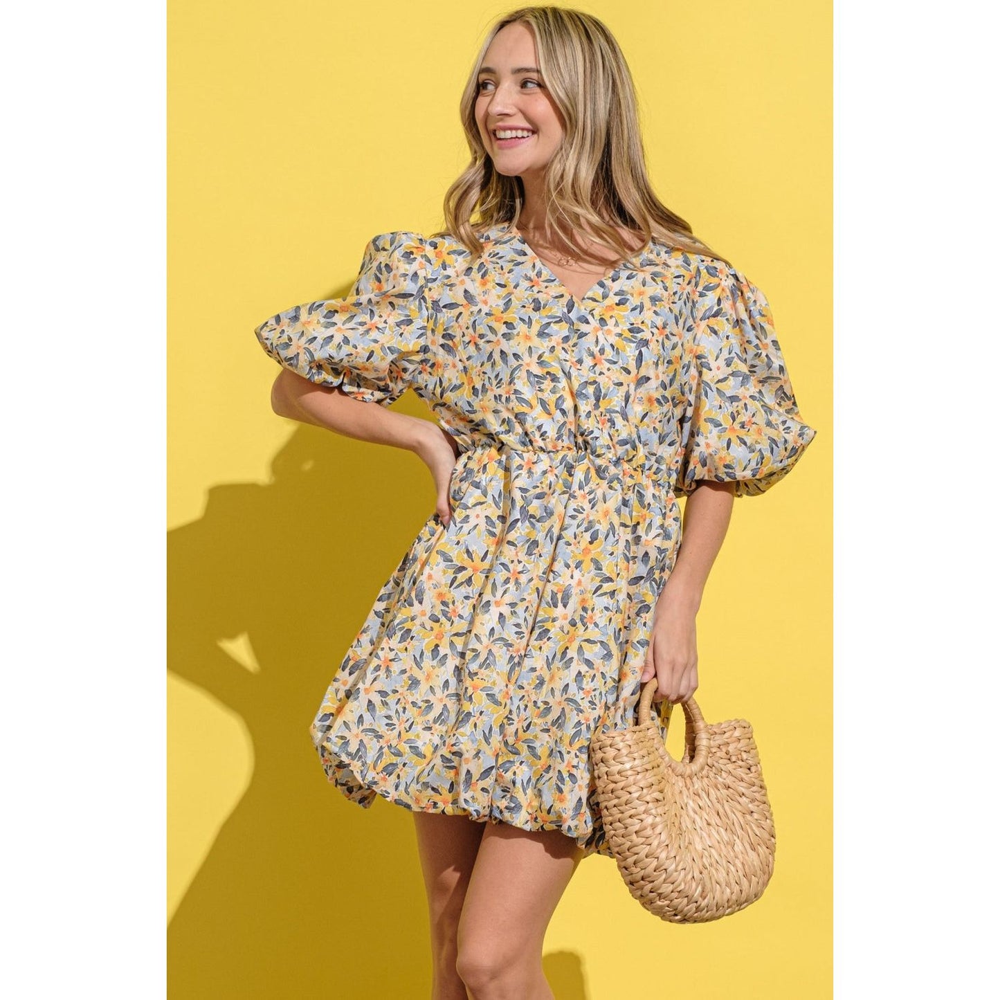 And The Why Full Size Floral Surplice Puff Sleeve Dress