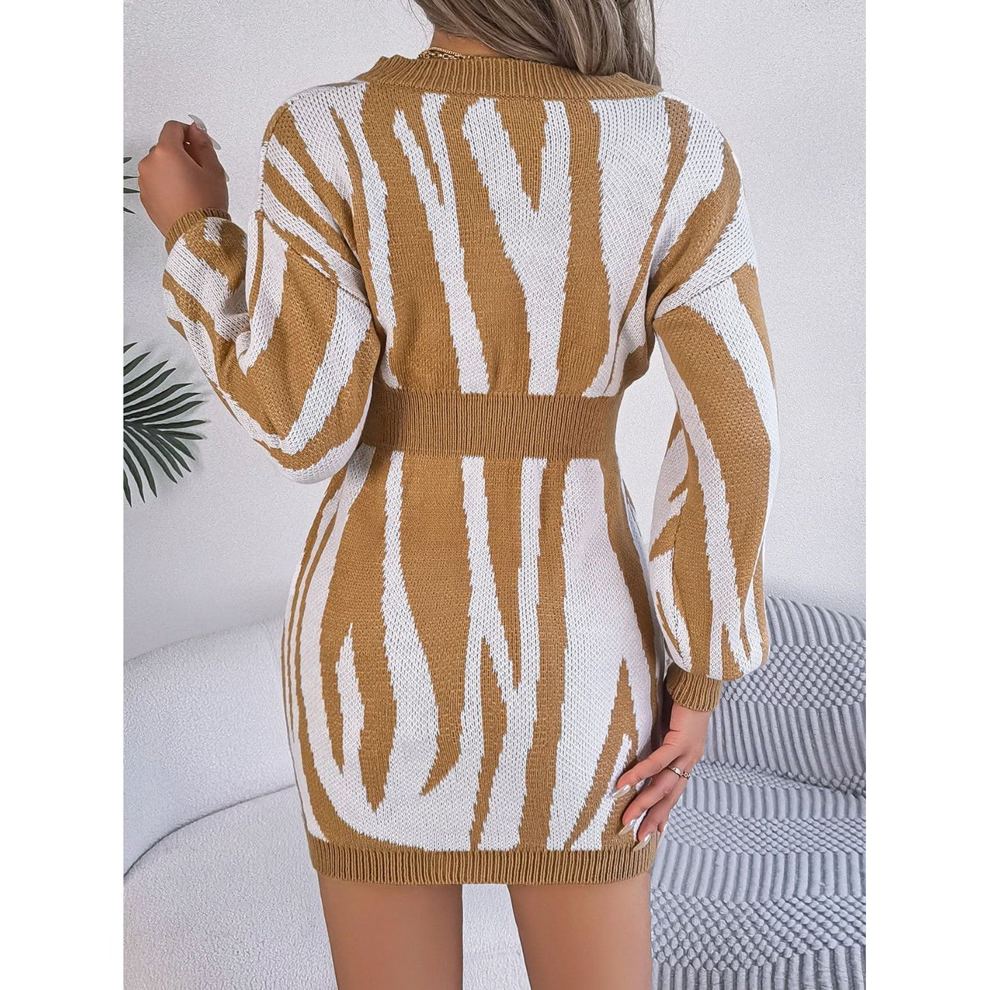 Animal Print V-Neck Long Sleeve Sweater Dress