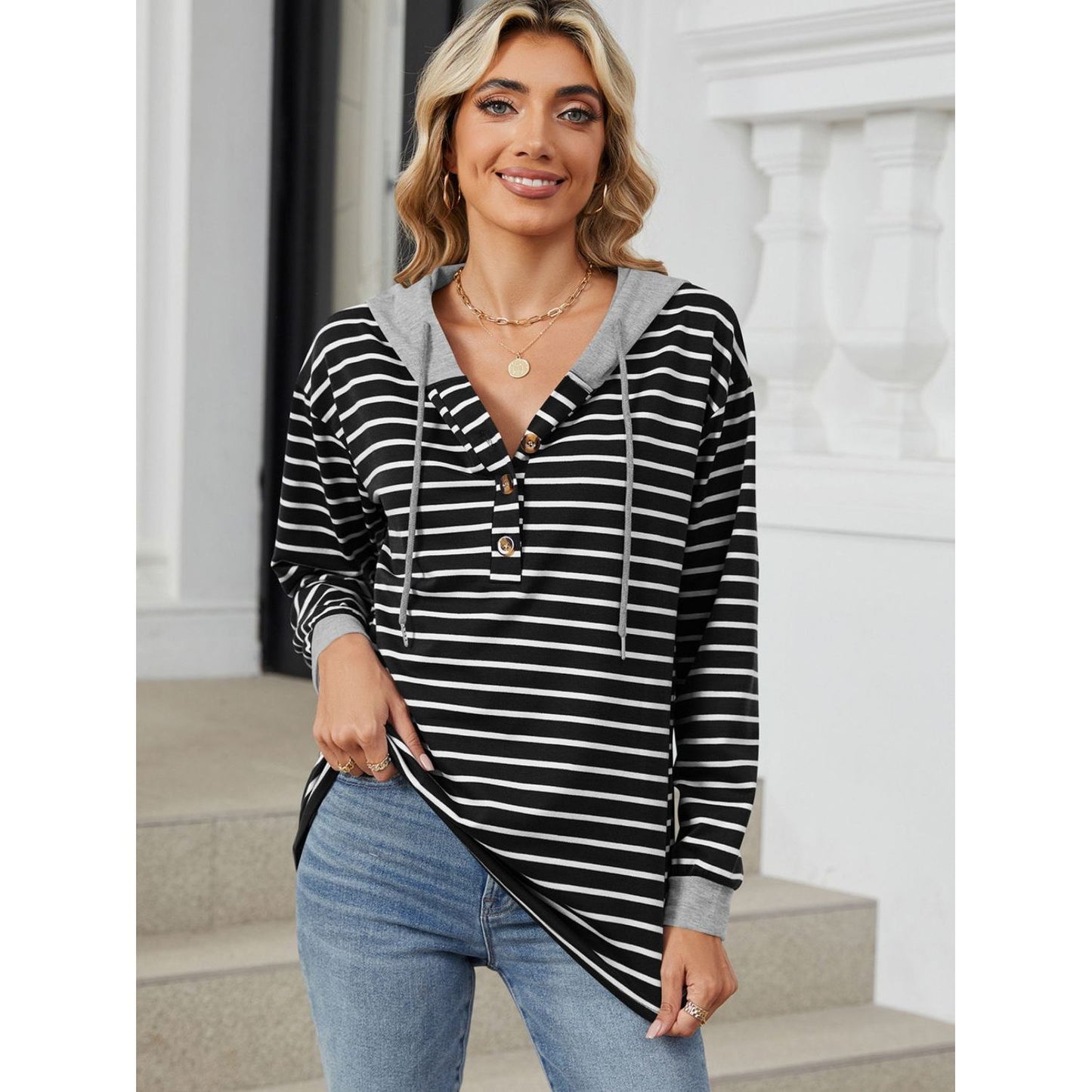 Drawstring Striped Long Sleeve Hoodie