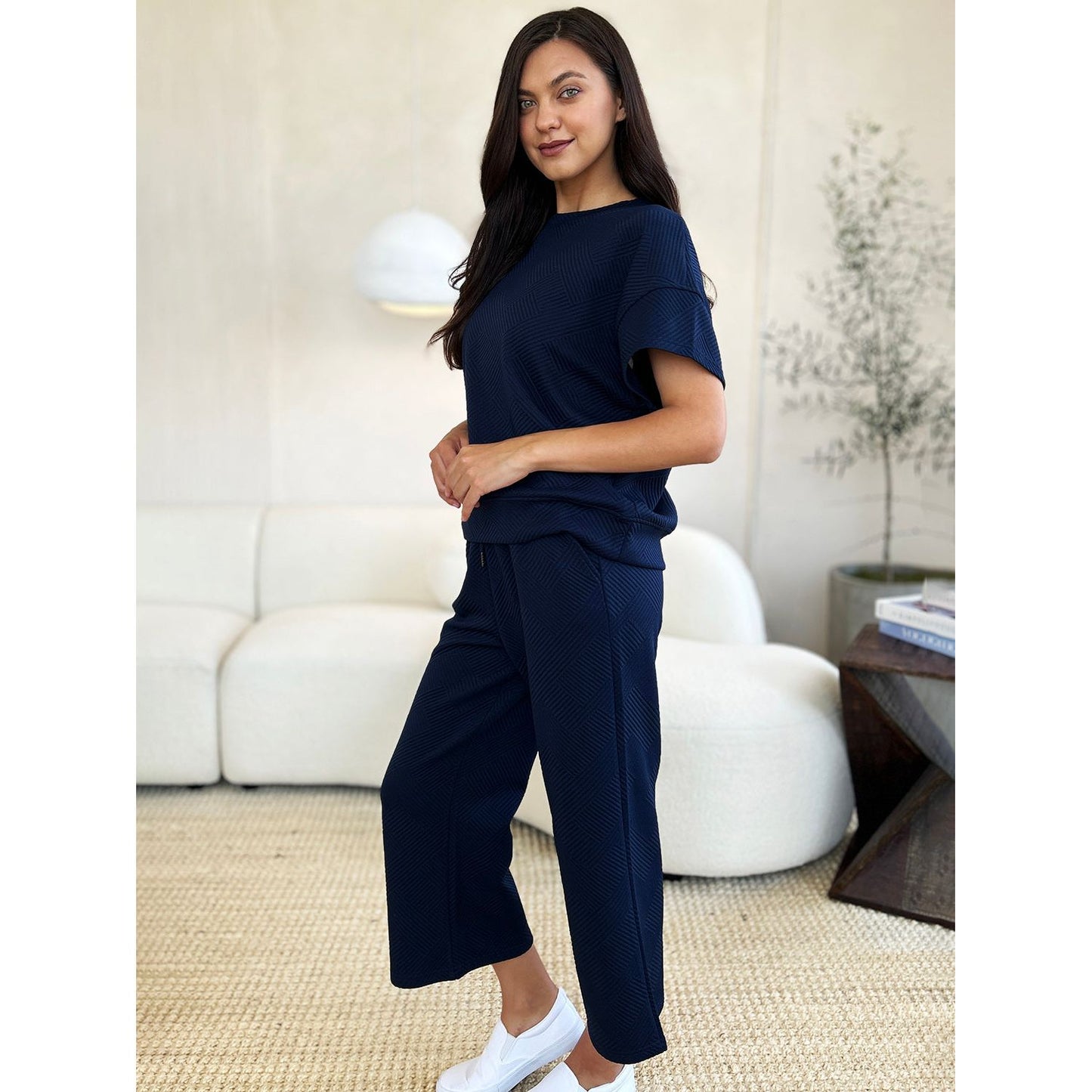 Double Take Full Size Texture Short Sleeve Top and Pants Set