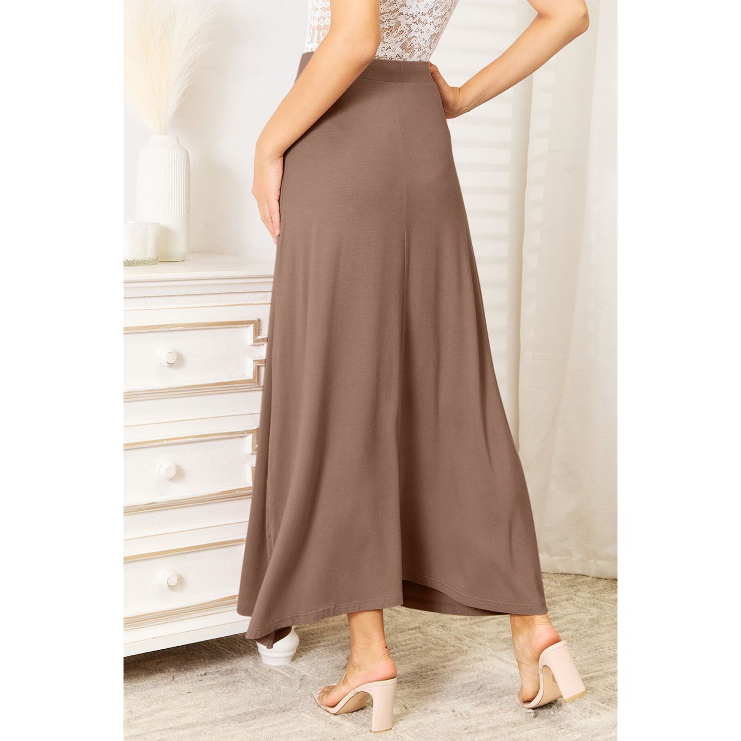 Double Take Full Size Soft Rayon Drawstring Waist Maxi Skirt