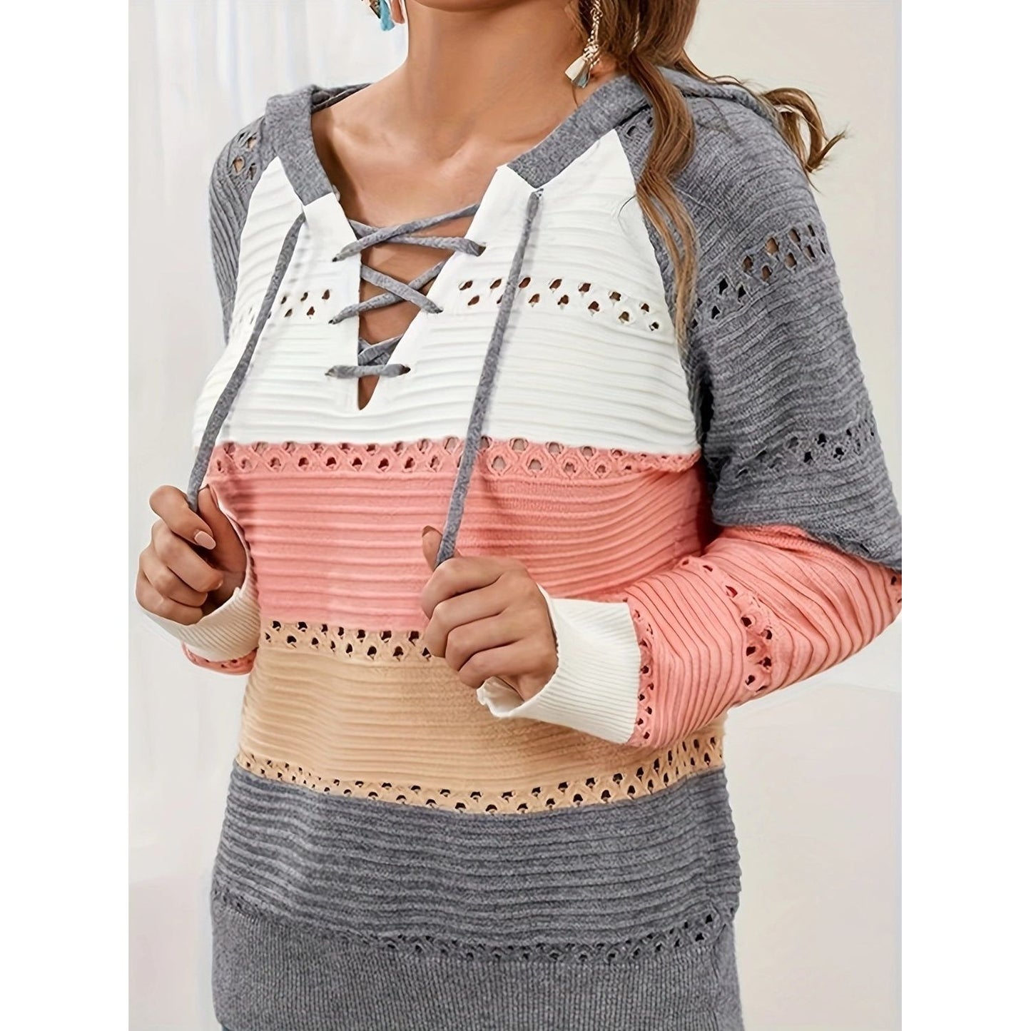 Lace-Up Contrast Long Sleeve Hooded Sweater