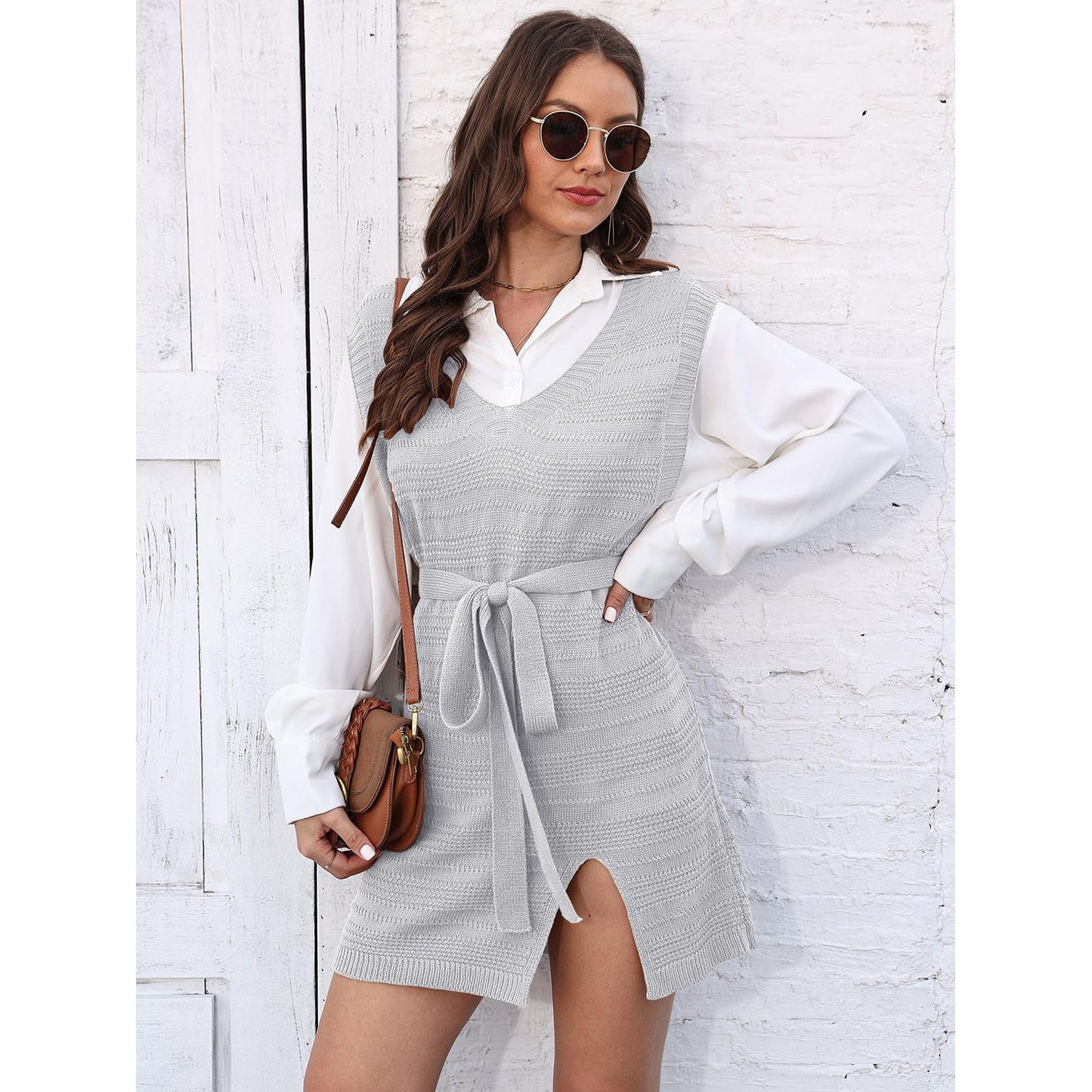 Tie Front V-Neck Sleeveless Slit Sweater Dress