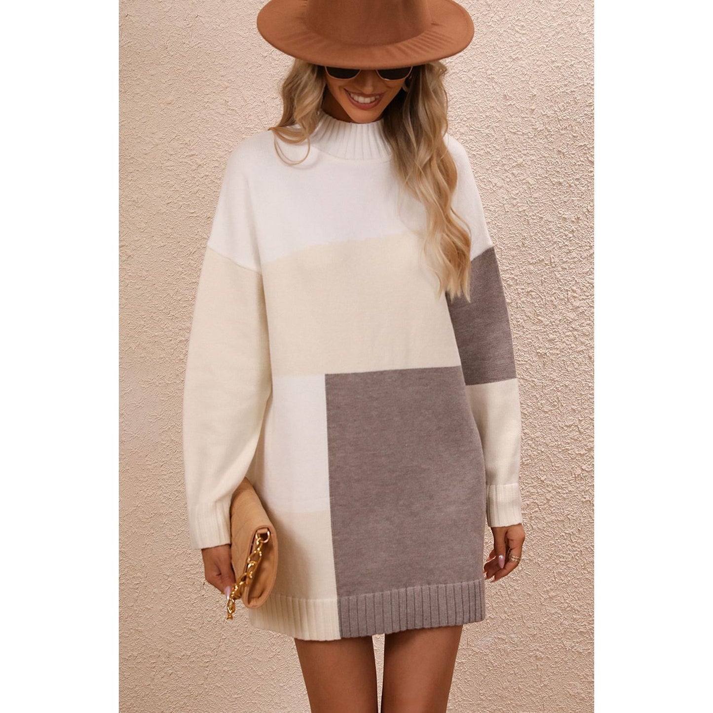 Color Block Mock Neck Dropped Shoulder Sweater Dress