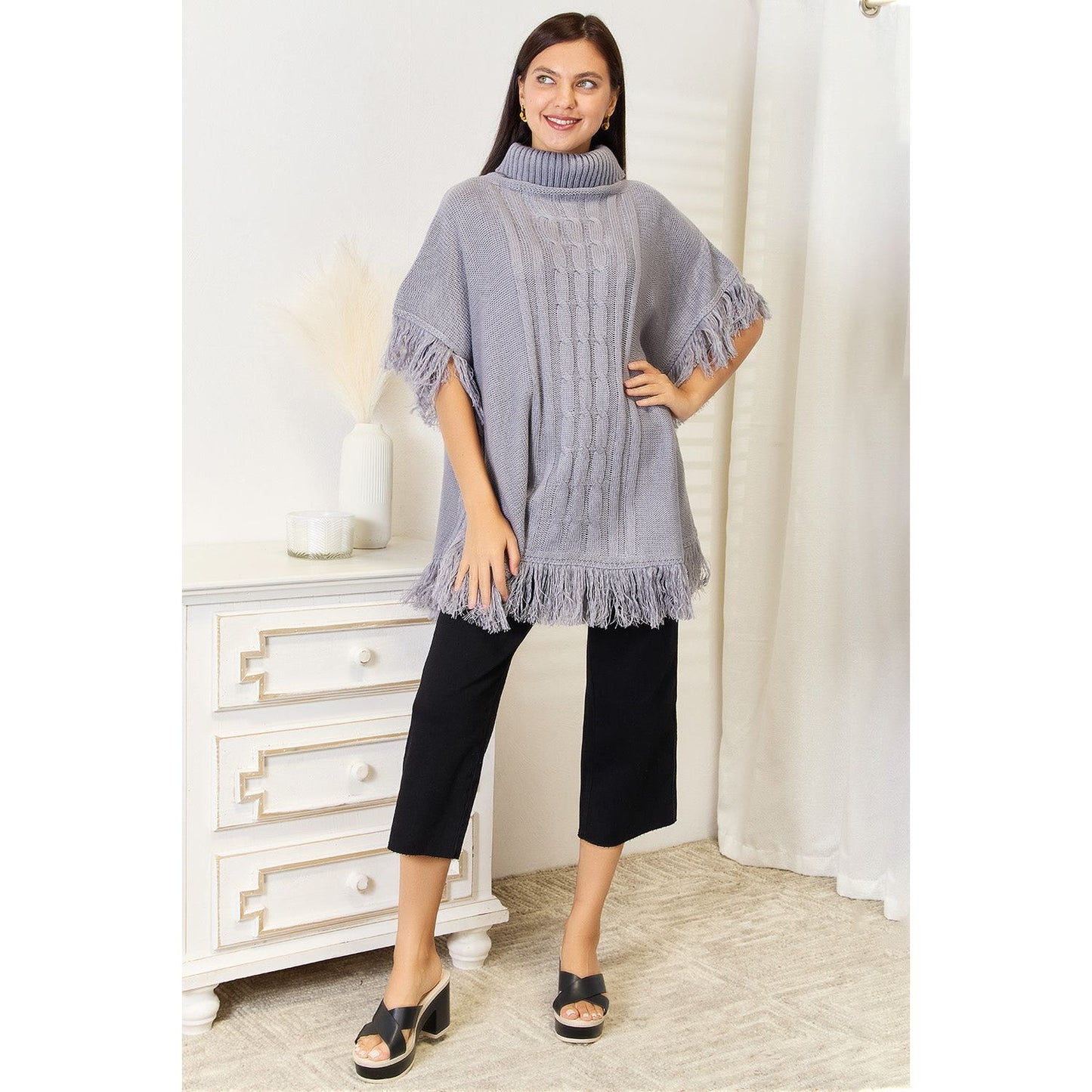 Justin Taylor Turtle Neck Fringe Poncho