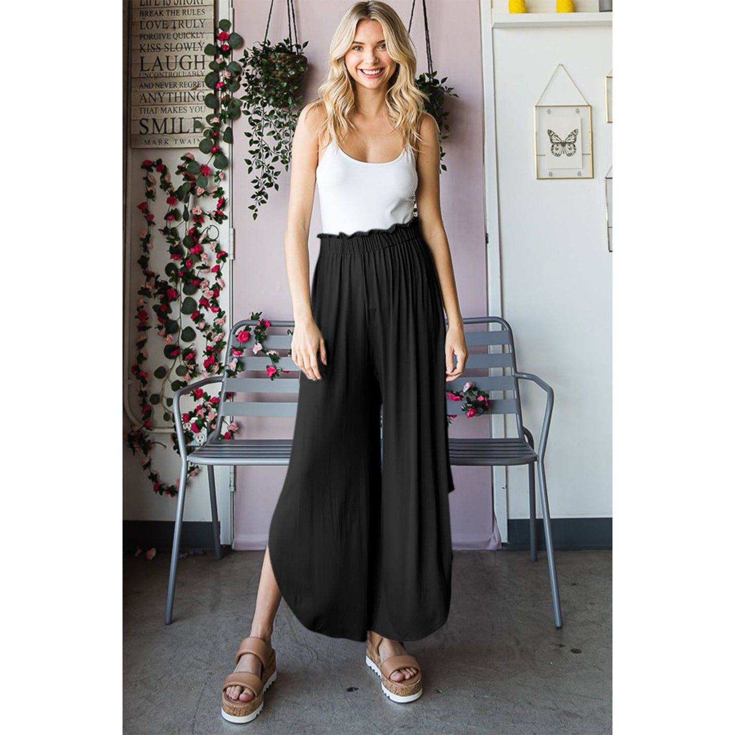 Heimish Full Size Frill Slit High Waist Wide Leg Pants