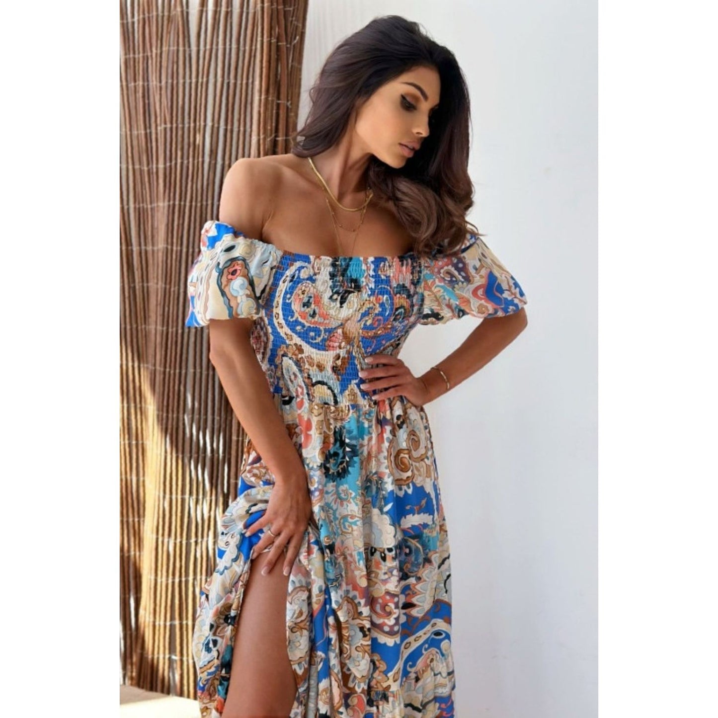 Smocked Printed Short Sleeve Maxi Dress