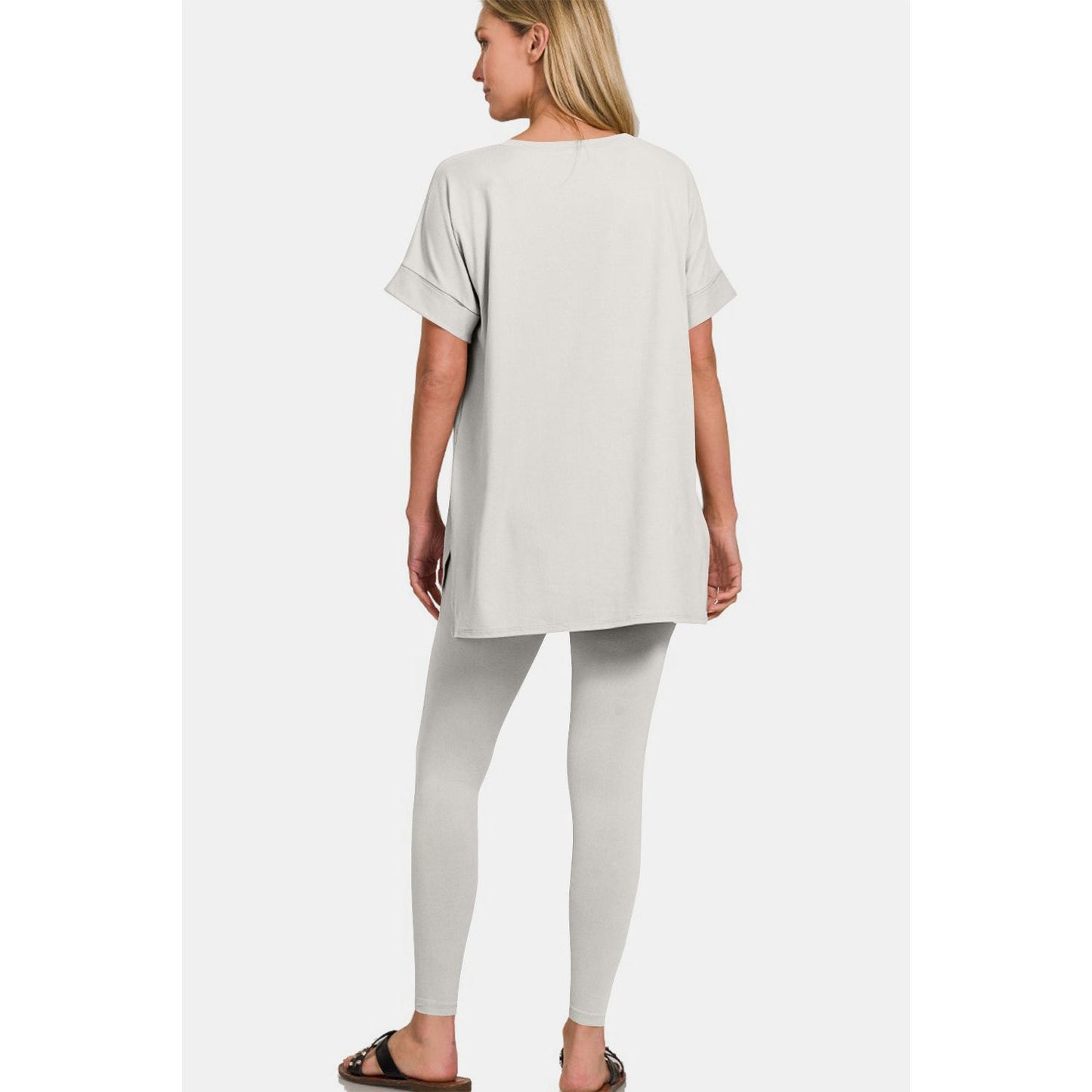 Zenana V-Neck Rolled Short Sleeve T-Shirt and Leggings Lounge Set