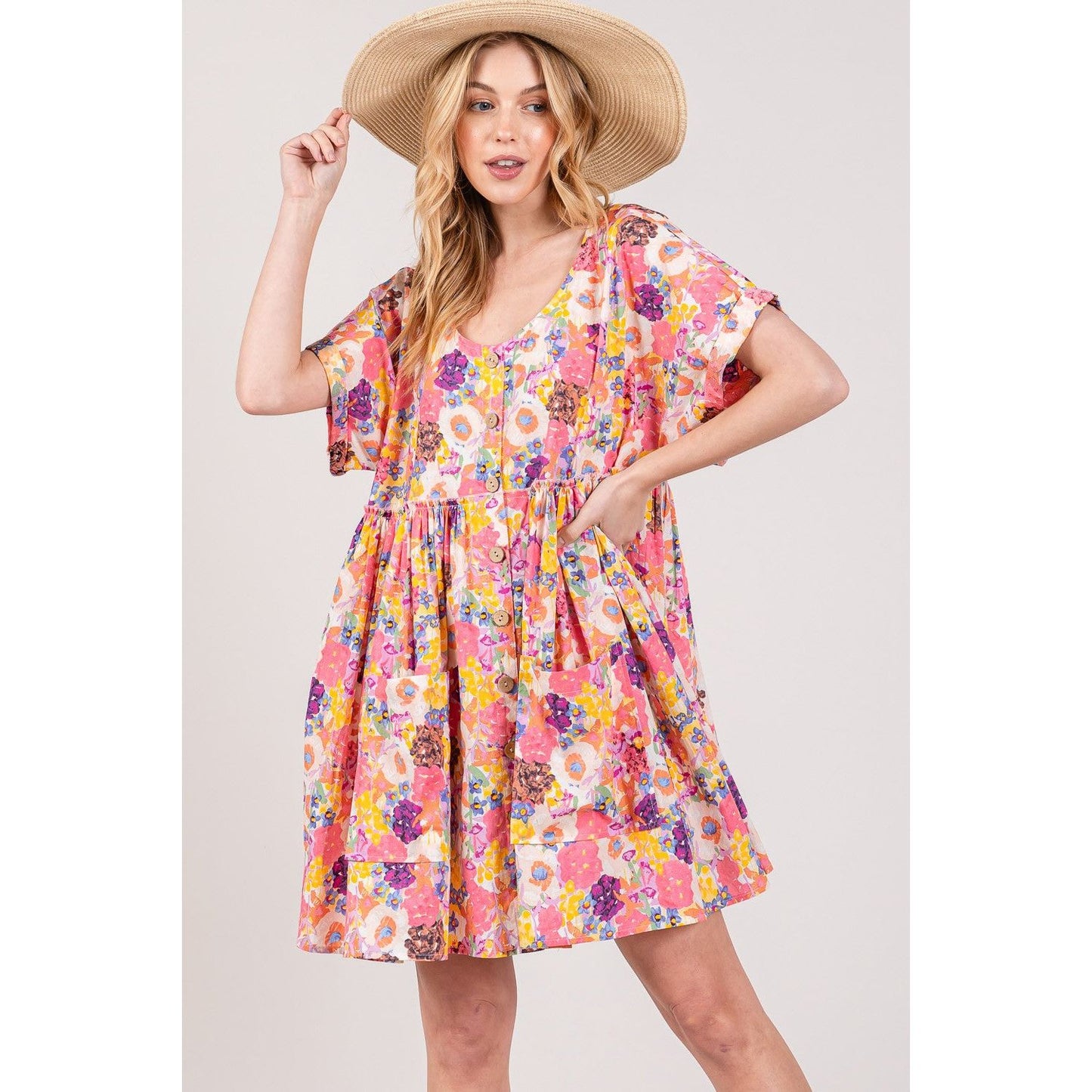 SAGE + FIG Floral Short Sleeve Babydoll Dress with Pockets