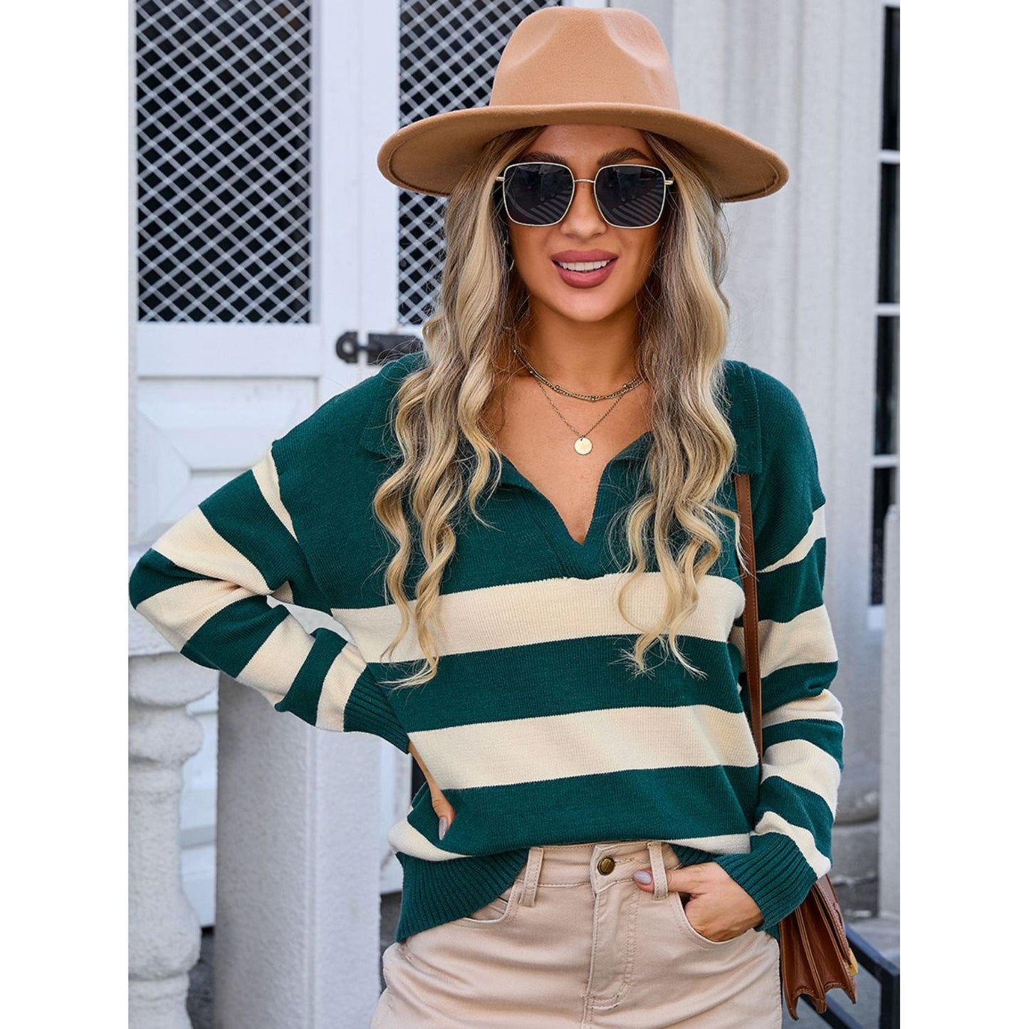 Angel Wings Striped Johnny Collar Knit Top