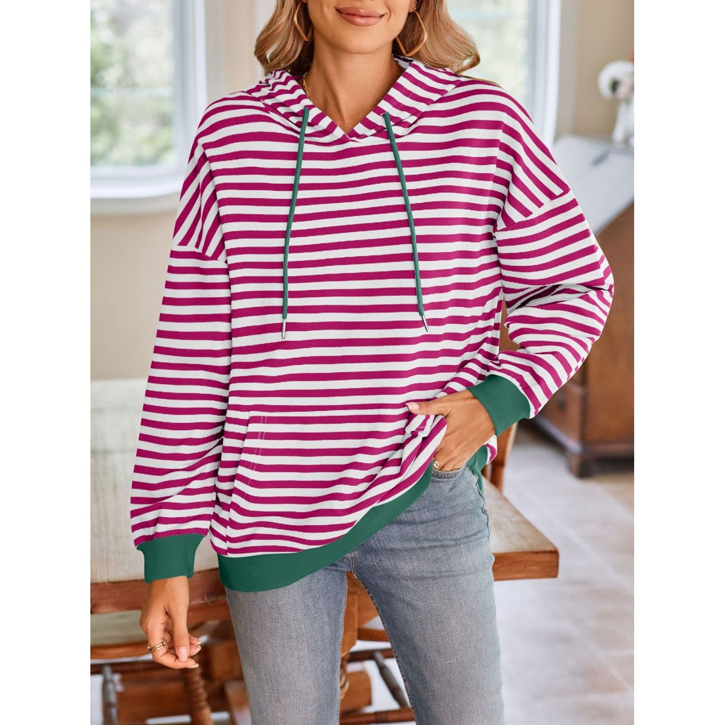 Lovelet Drawstring Striped Long Sleeve Hoodie