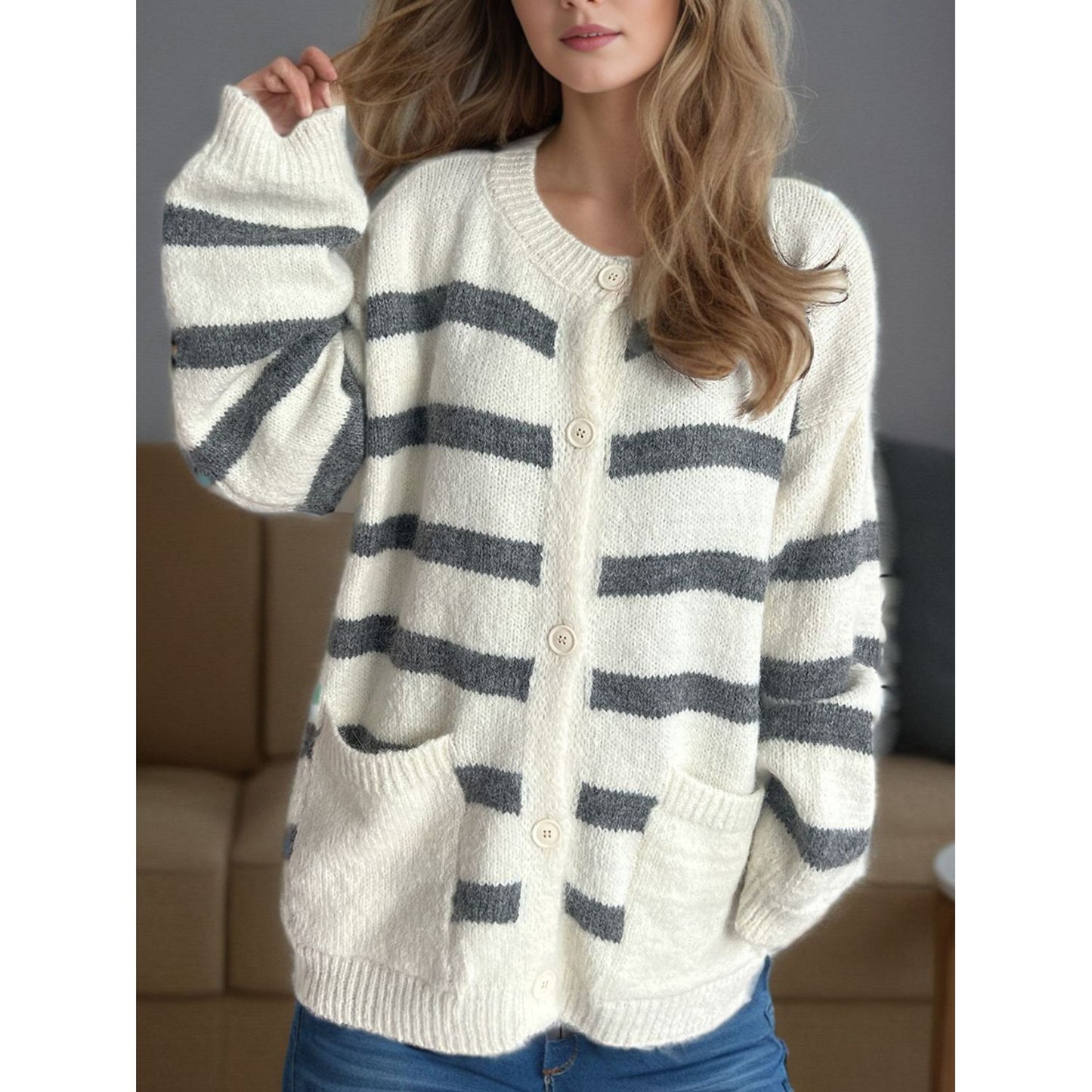 Striped Button Down Long Sleeve Cardigan