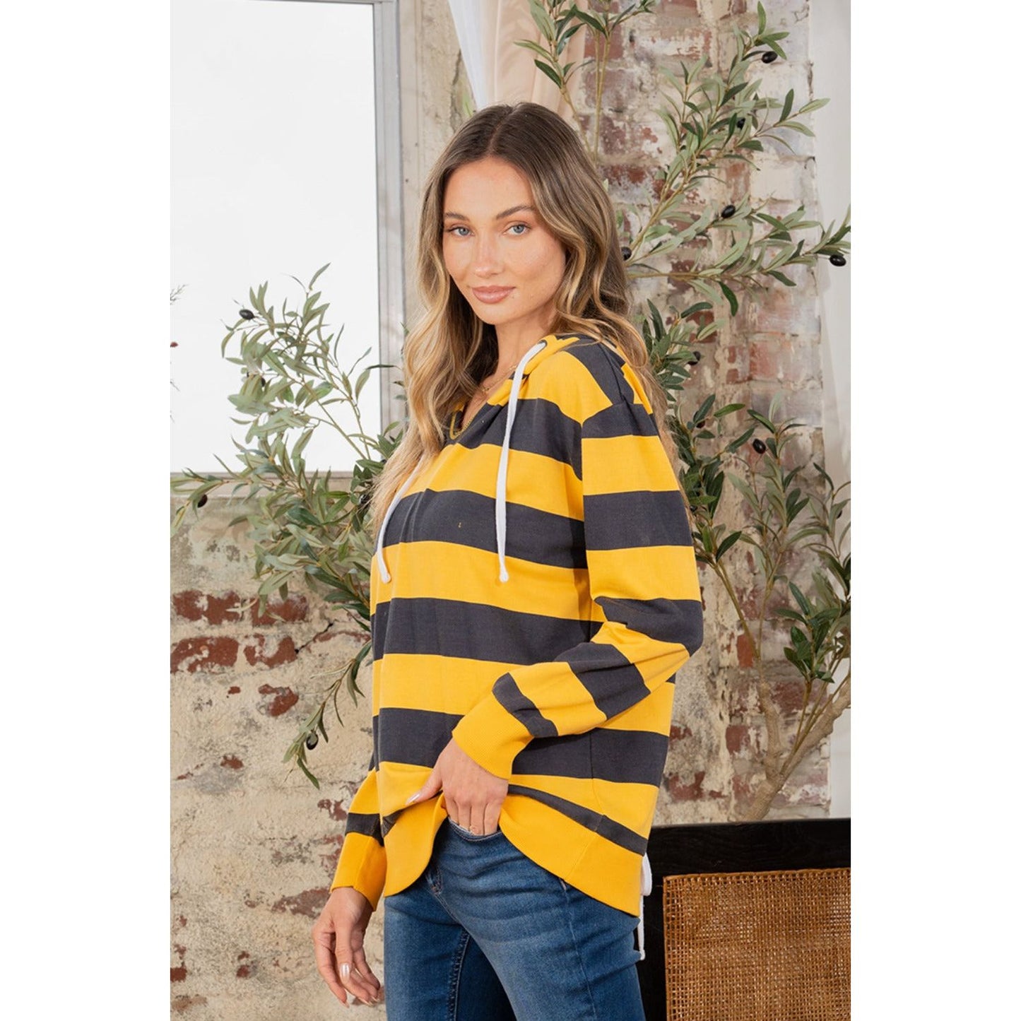 Full Size Drawstring Striped Long Sleeve Hoodie