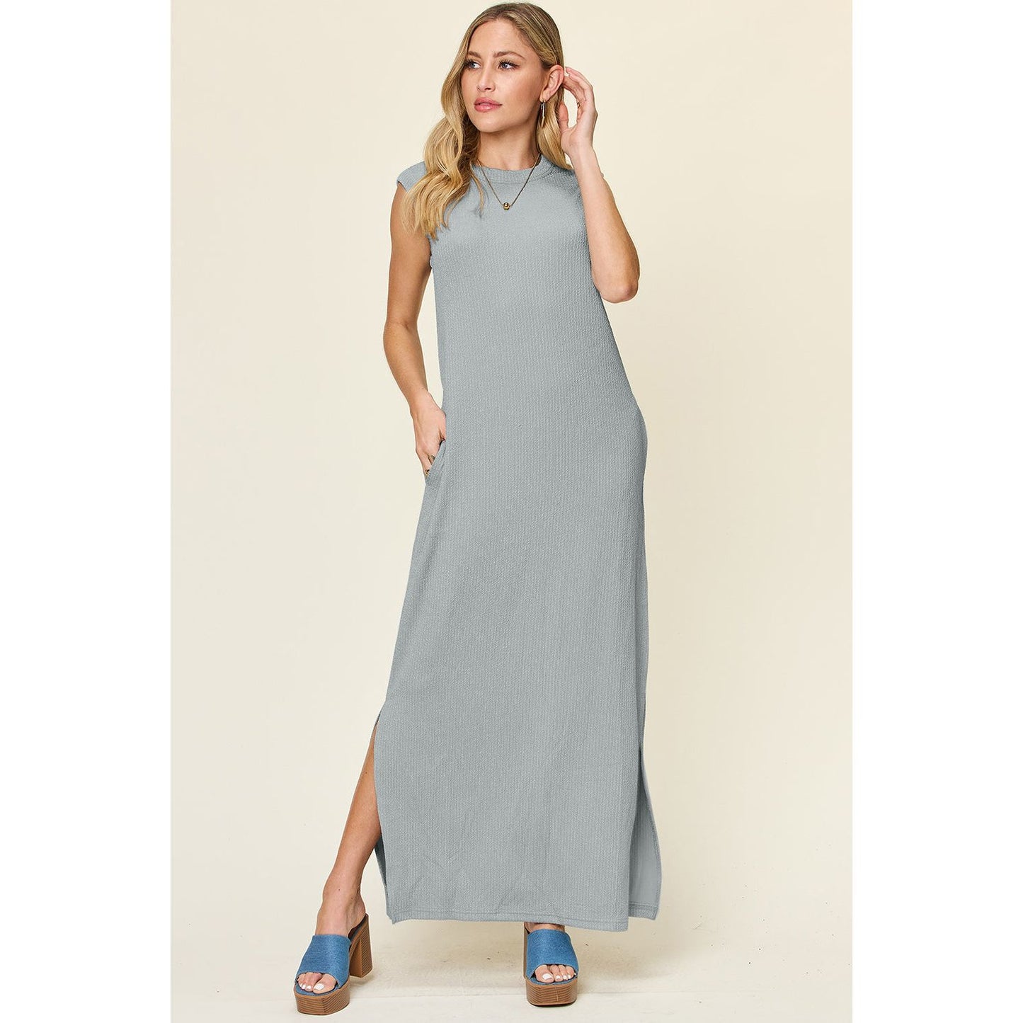 Double Take Full Size Texture Mock Neck Sleeveless Maxi Dress