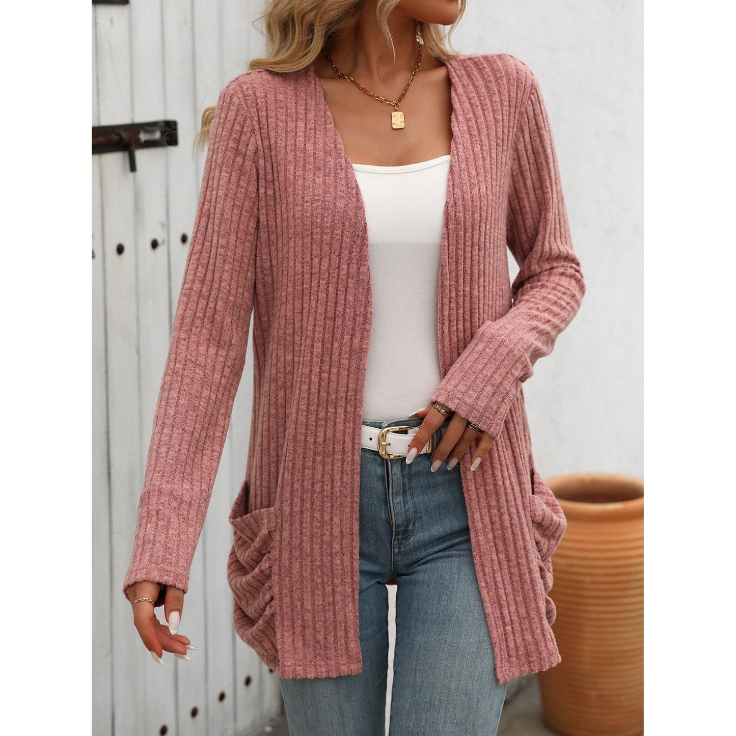 Open Front Long Sleeve Ribbed Cardigan