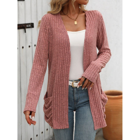 Open Front Long Sleeve Ribbed Cardigan