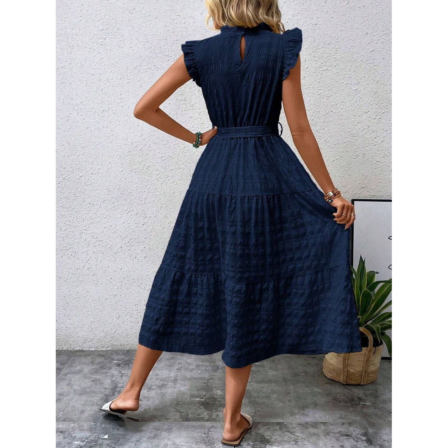 Tied Ruffled Cap Sleeve Midi Dress