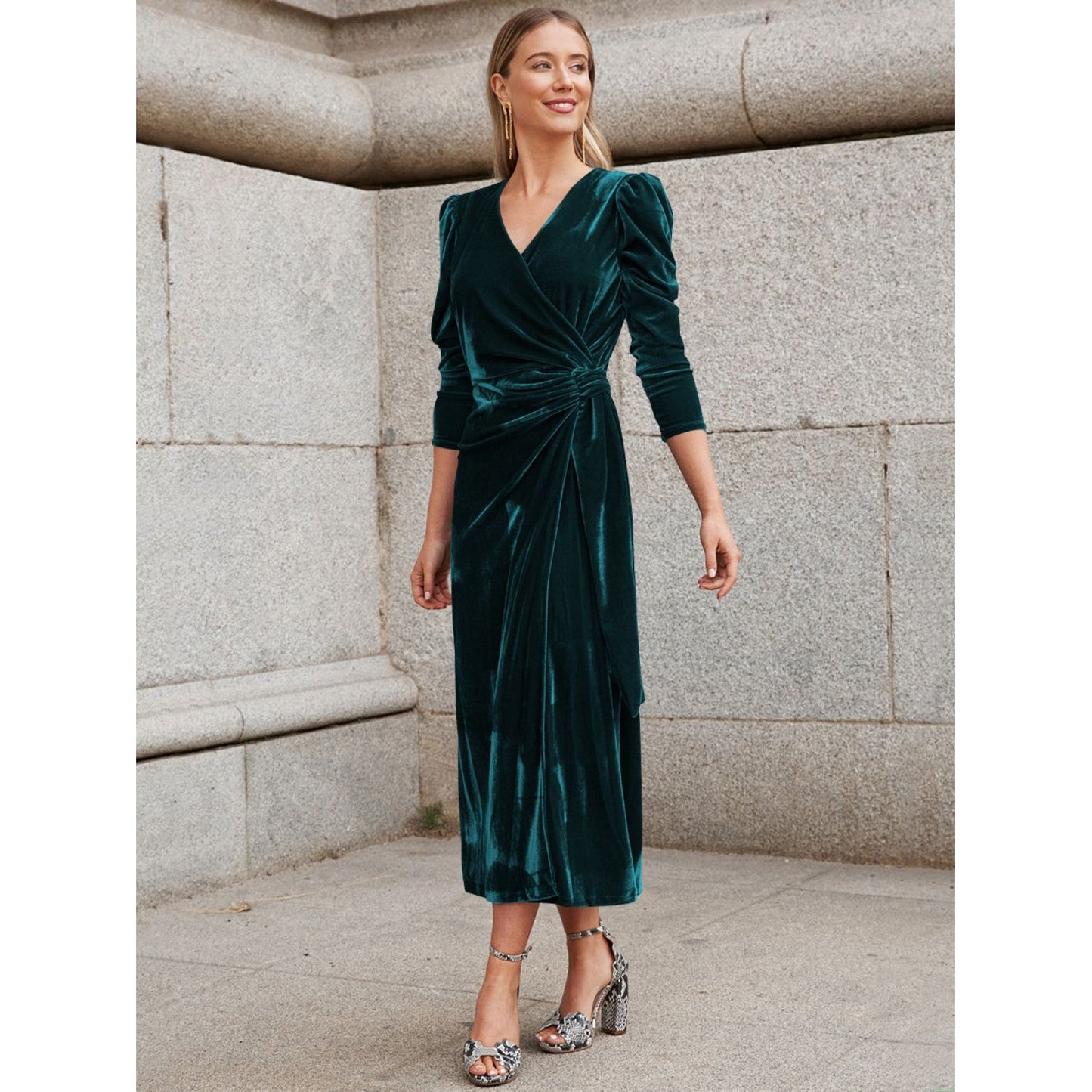 Surplice Puff Sleeve Midi Dress