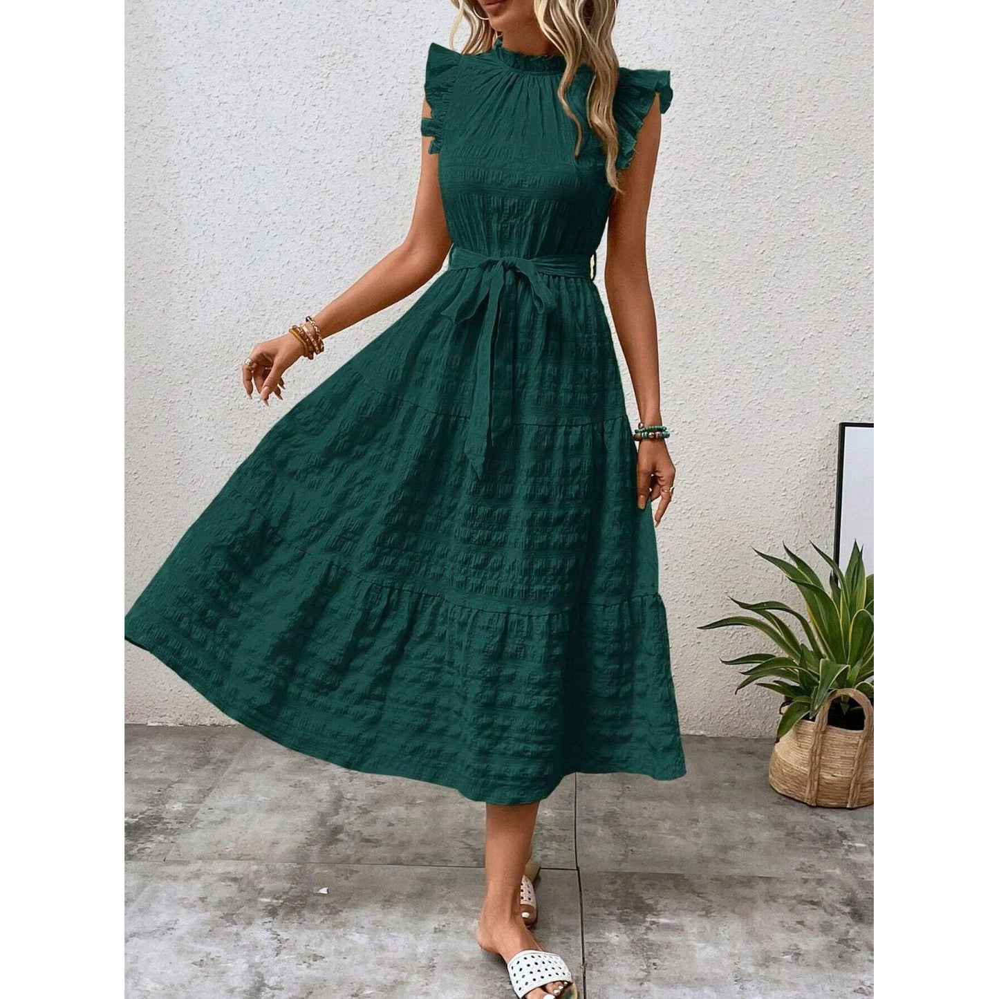 Tied Ruffled Cap Sleeve Midi Dress