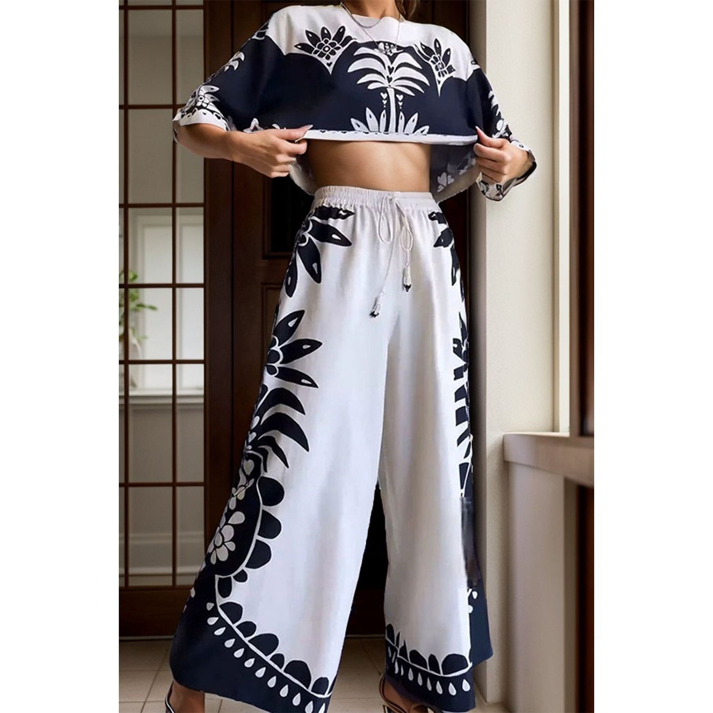 Printed Half Sleeve Top and Wide Leg Pants Set