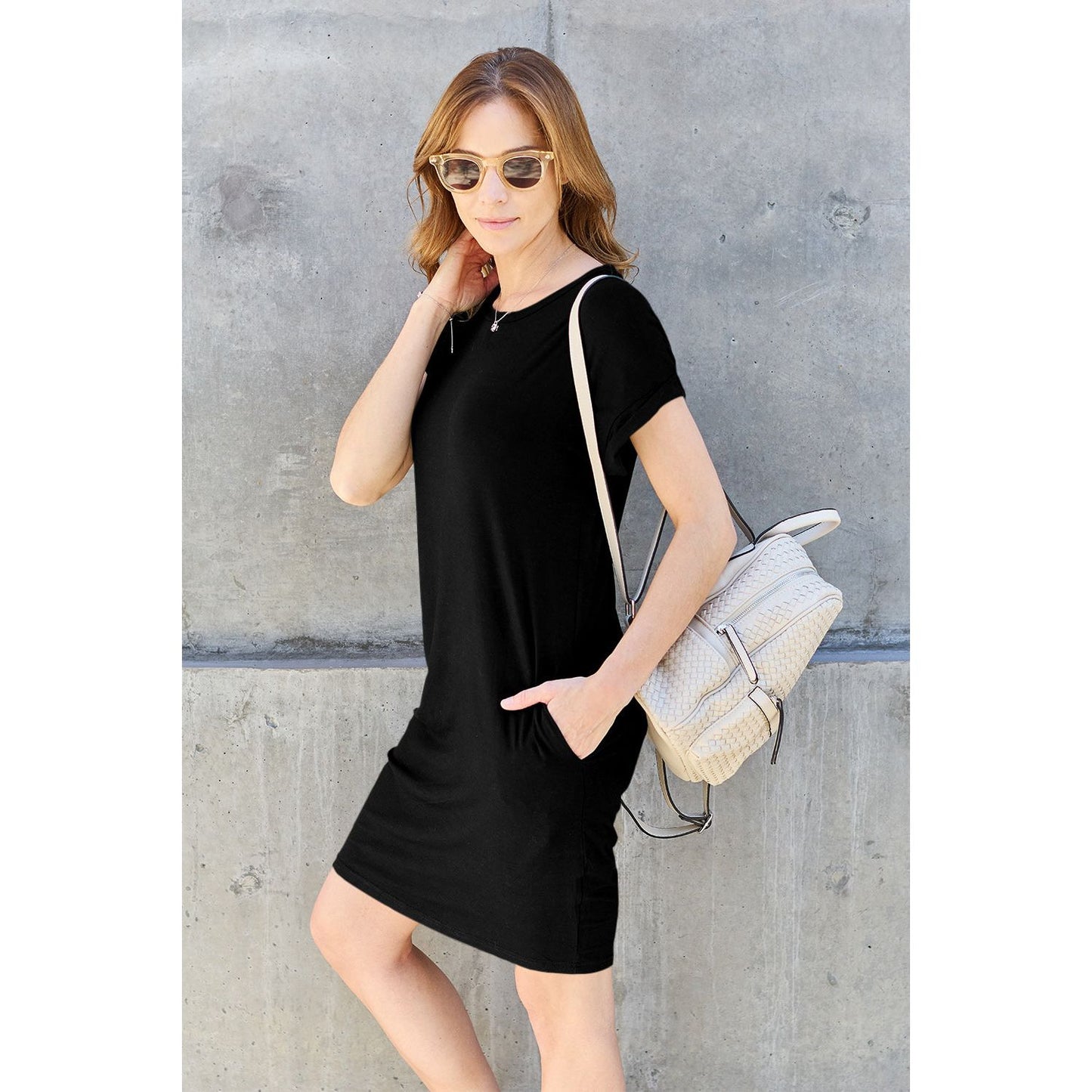 Basic Bae Bamboo Full Size Round Neck Short Sleeve Dress with Pockets