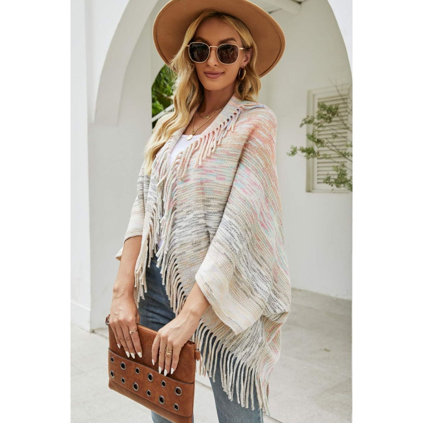 Multicolored Fringe Trim Poncho