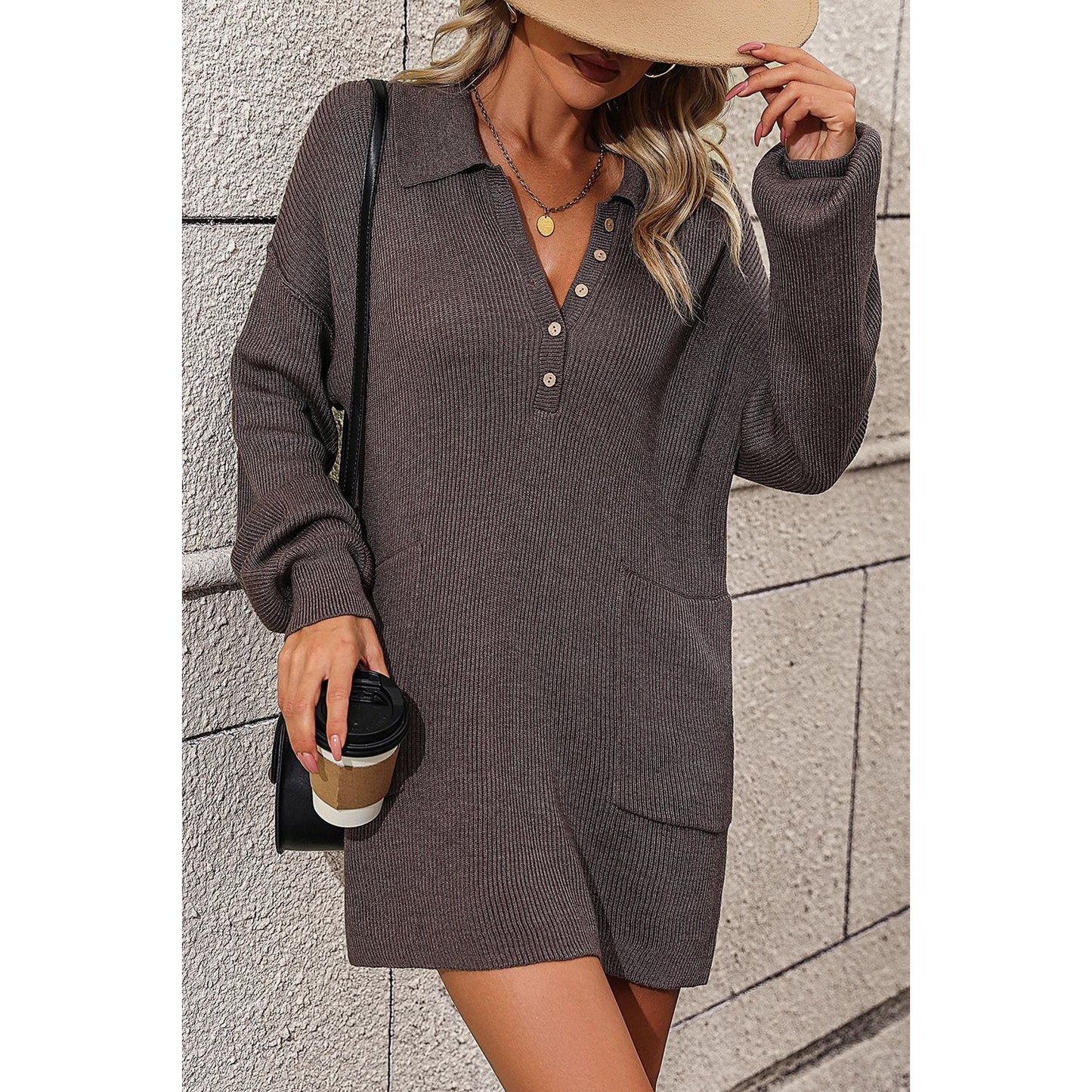 Collared Neck Long Sleeve Sweater Dress with Pockets