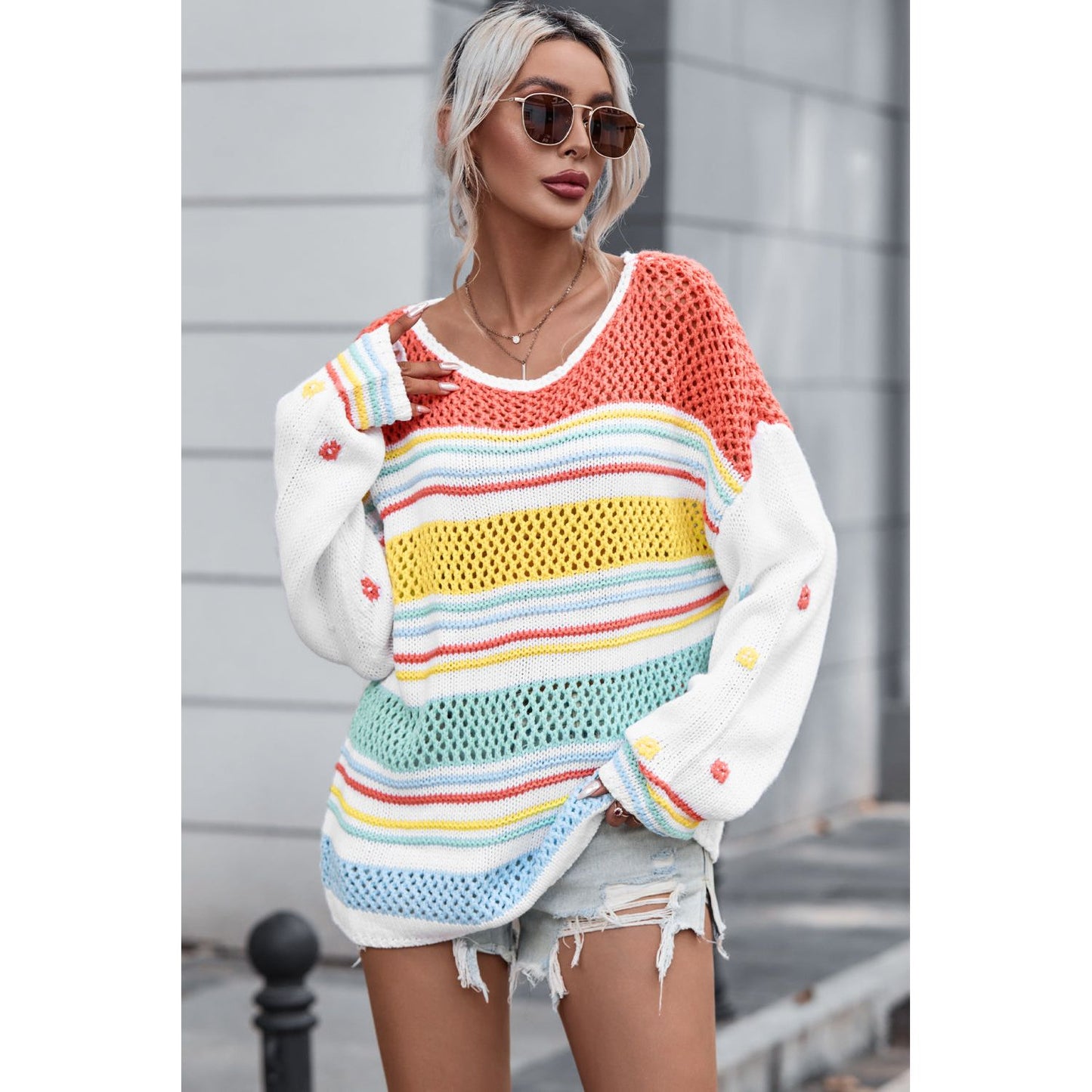 Openwork Striped Round Neck Long Sleeve Sweater