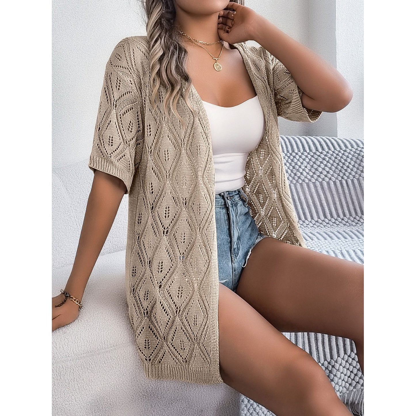 Openwork Open Front Half Sleeve Cardigan