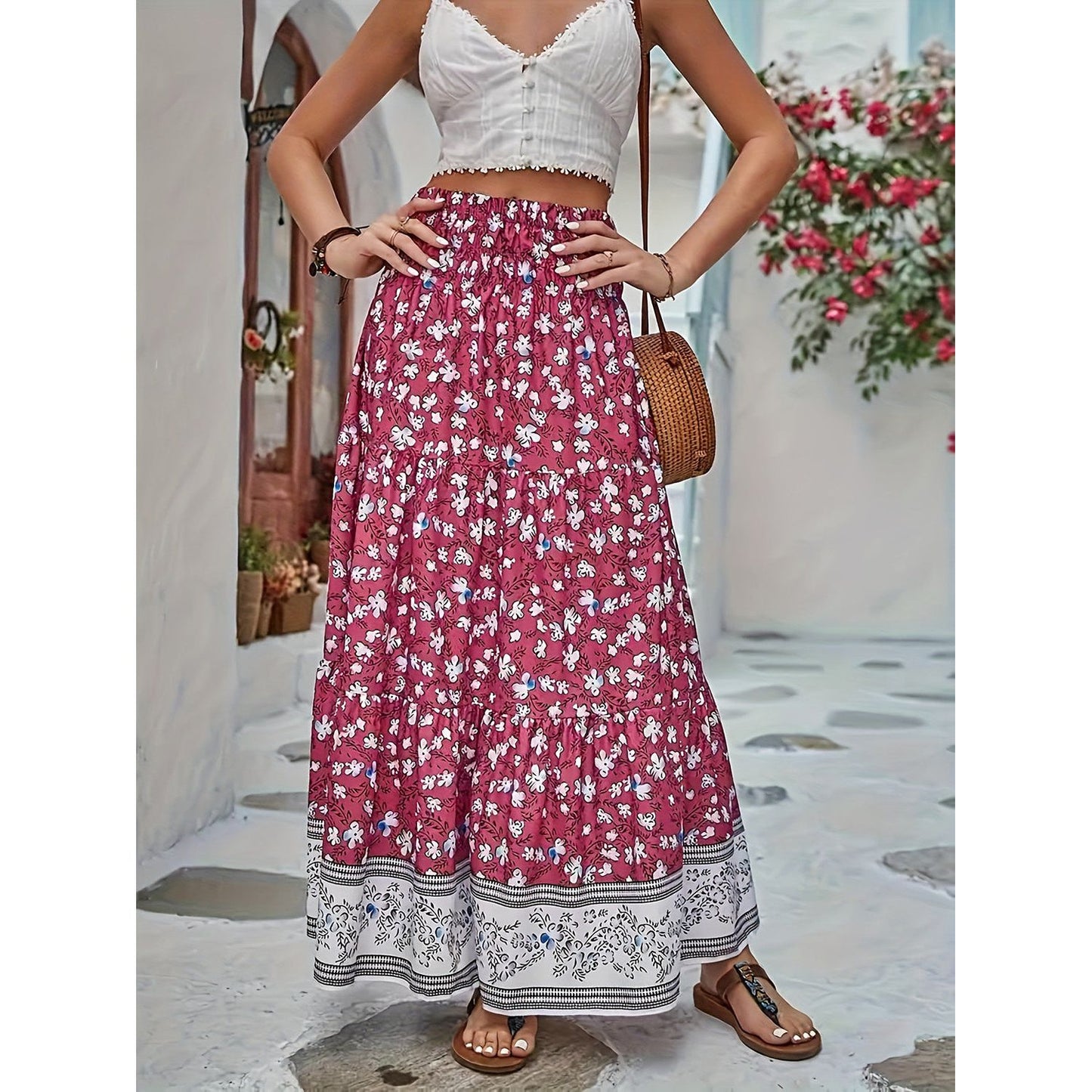 Full Size Tiered Printed Elastic Waist Skirt