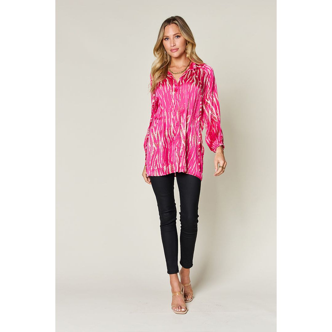 Double Take Full Size Printed Button Up Long Sleeve Shirt