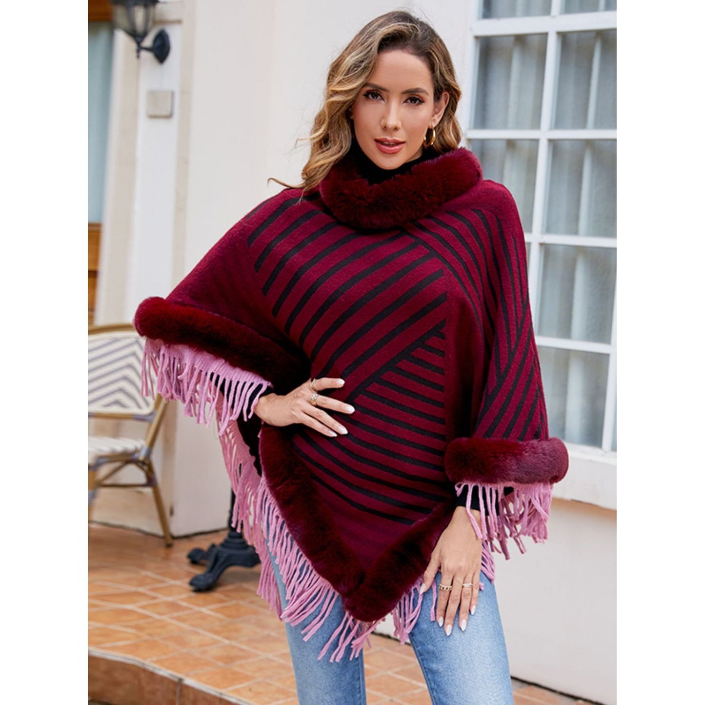 Striped Fringe Hem Poncho