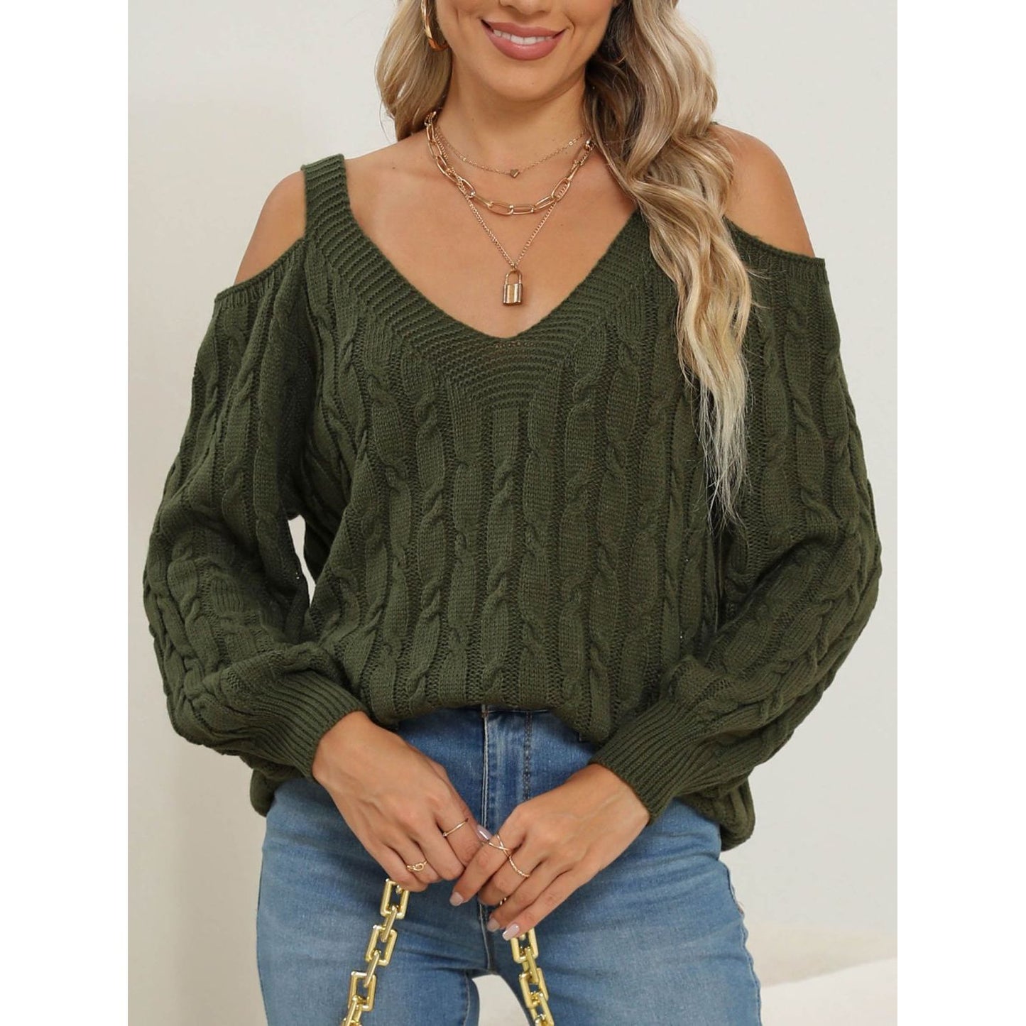 Cable-Knit V-Neck Long Sleeve Sweater