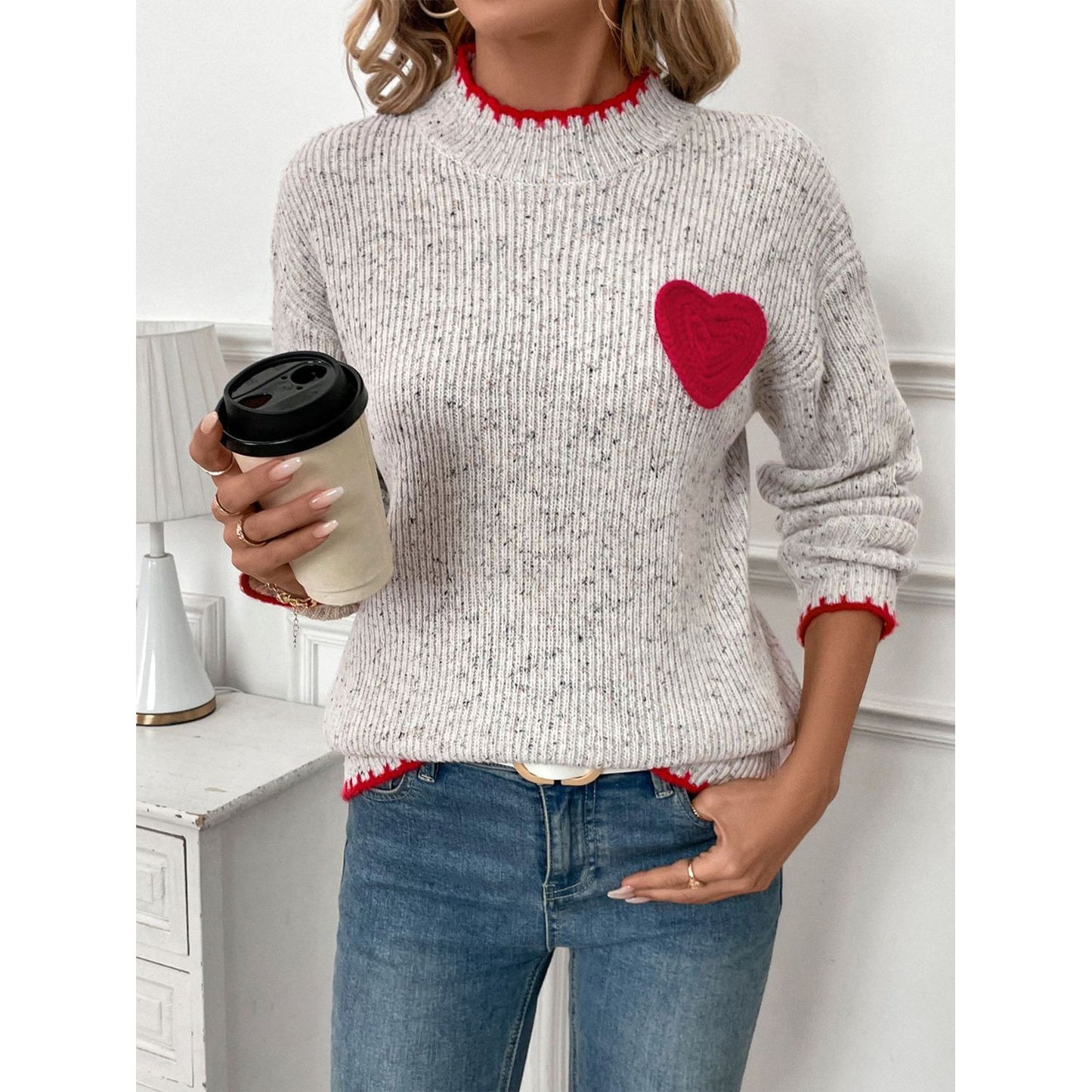 Perfee Contrast Heart Round Neck Long Sleeve Sweater