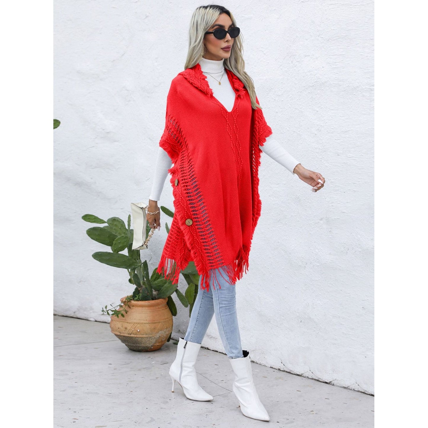 Fringe Trim Buttoned Hooded Poncho