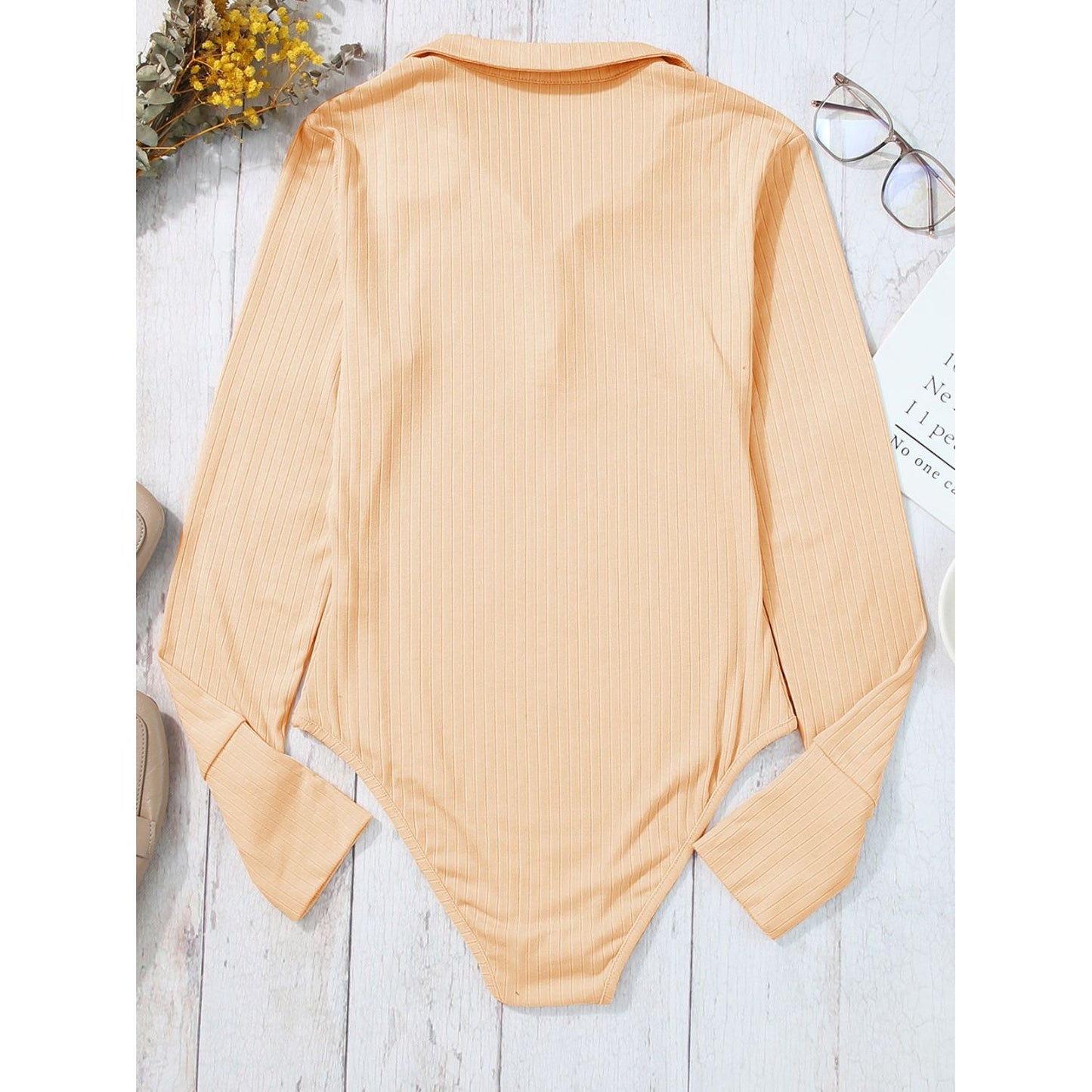 Half Button Collared Neck Long Sleeve Bodysuit