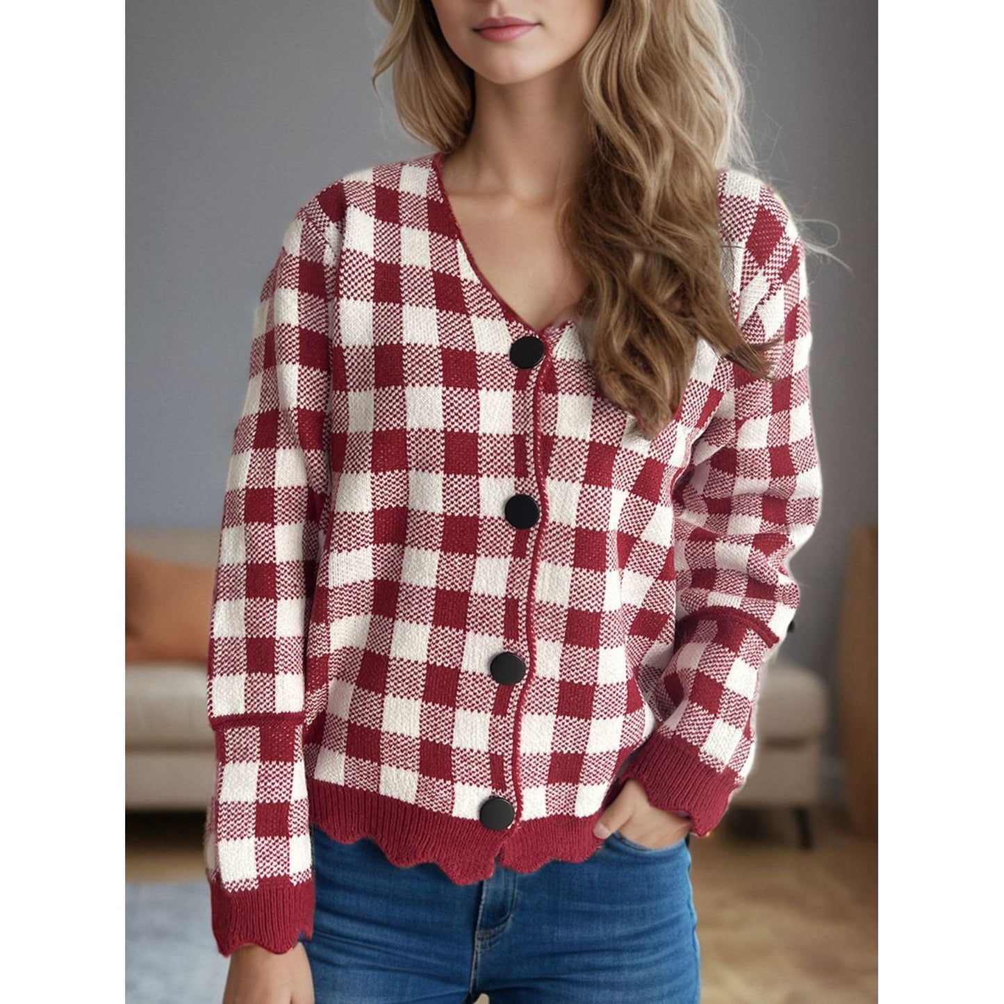 Plaid V-Neck Button Up Cardigan