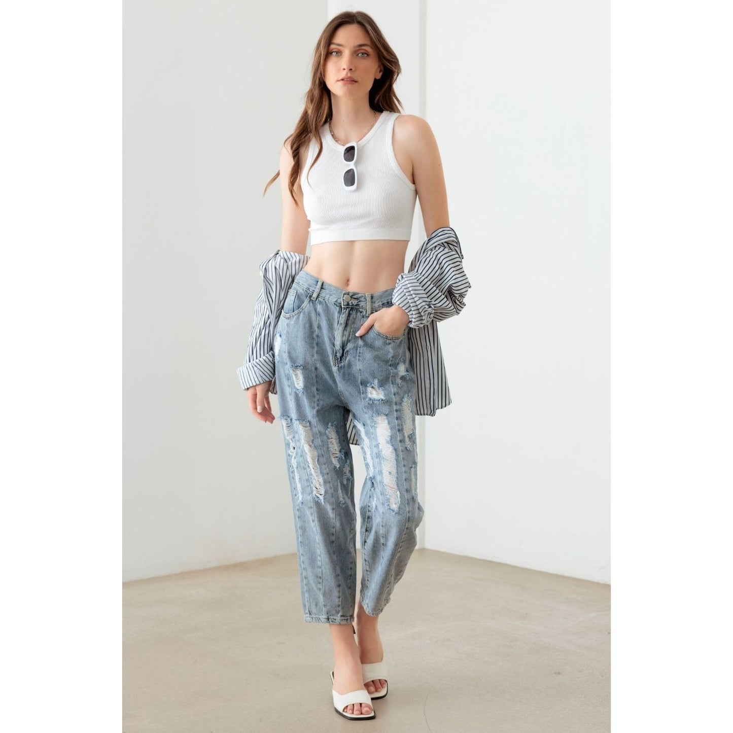 Litz La Washed Barrel Leg High Waist Distressed Jeans