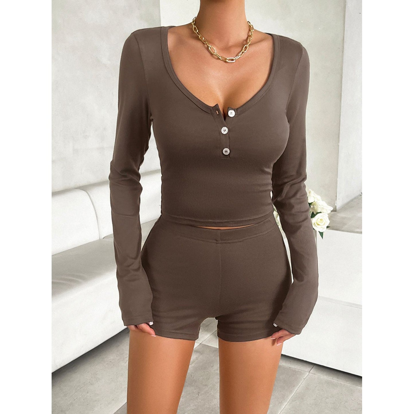 Devine Scoop Neck Long Sleeve Top and Shorts Set