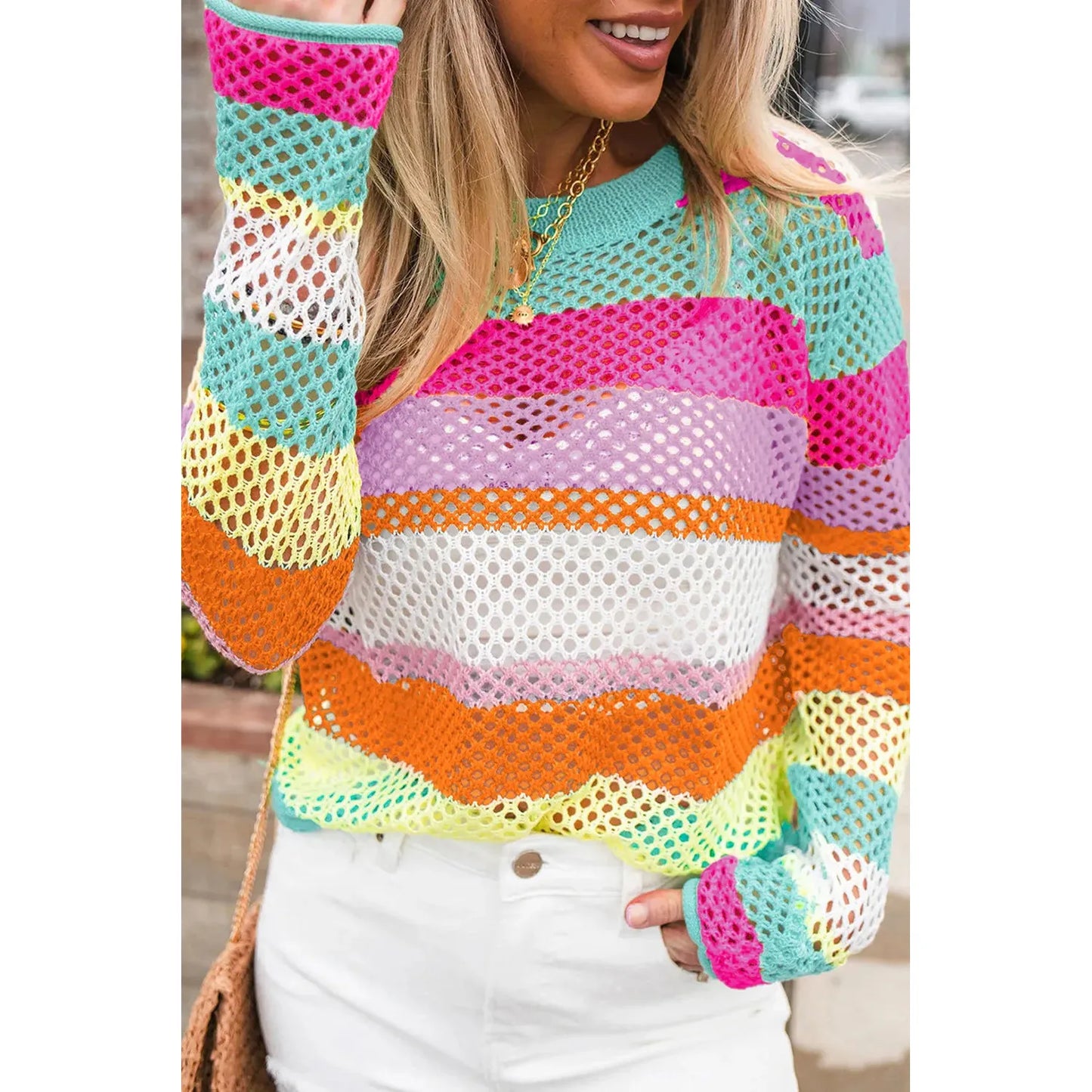 Openwork Color Block Round Neck Knit Top