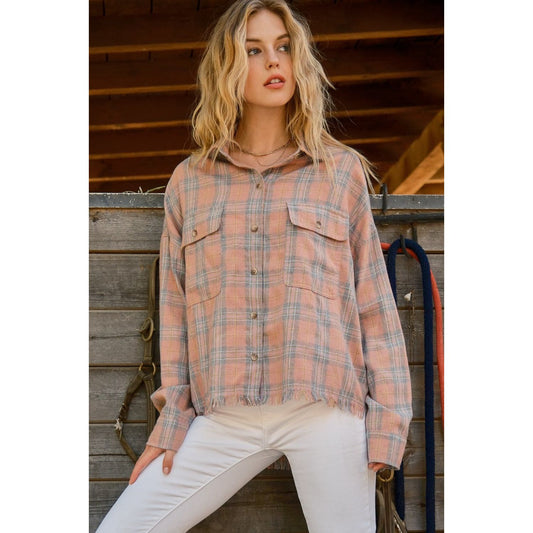 And The Why Full Size Plaid Button Up Raw Hem Shirt