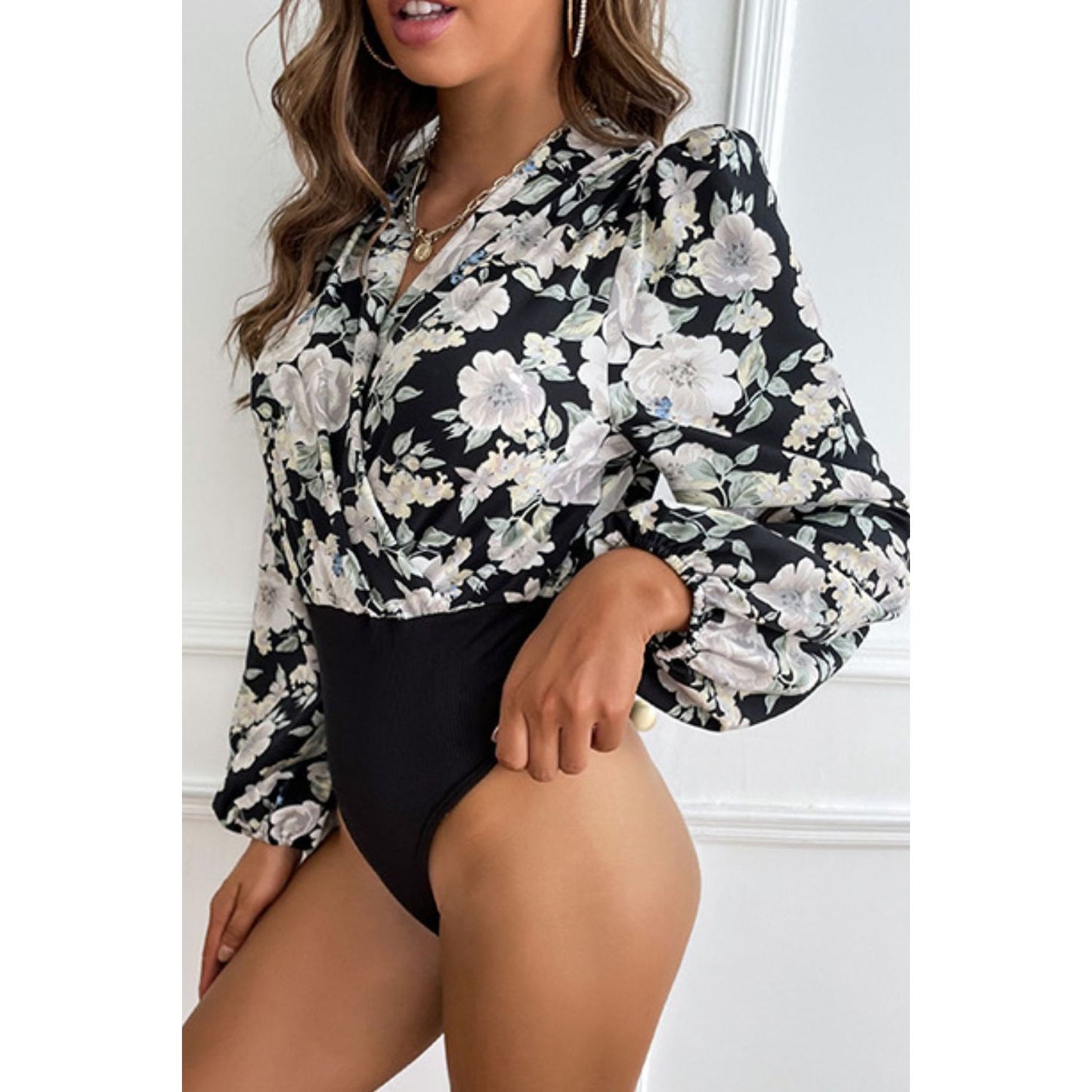 Perfee Floral Surplice Neck Puff Sleeve Bodysuit