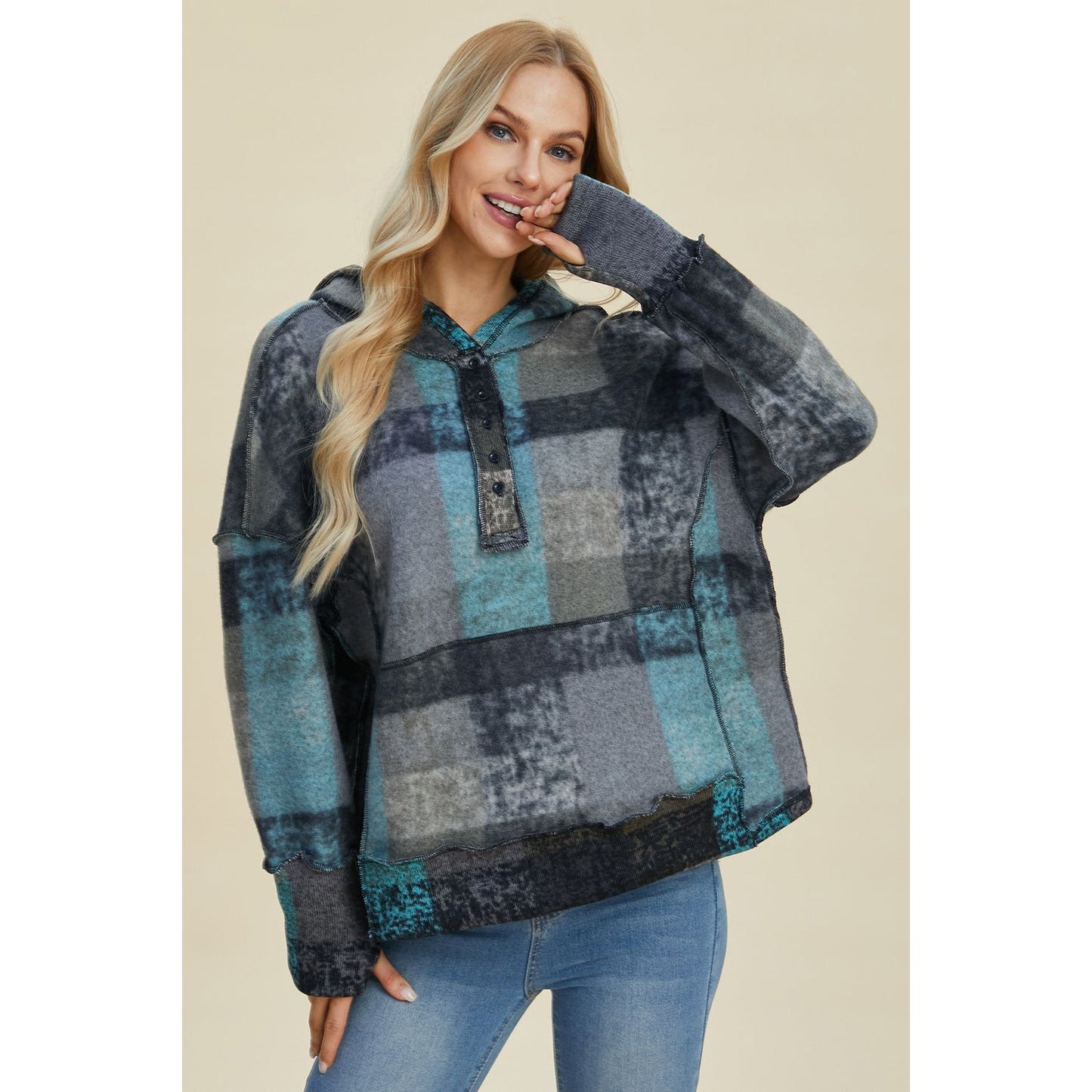 Double Take Full Size Plaid Dropped Shoulder Hoodie