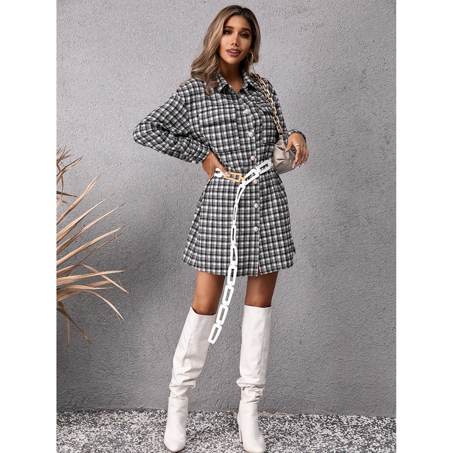 Ivy Lane Pocketed Plaid Long Sleeve Mini Dress